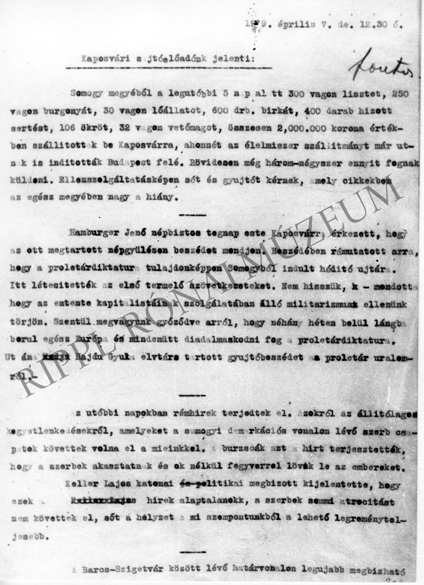 Kaposvári sajtóelőadó jelentése (1919. április 7.): élelmiszer Budapestre, Hamburger népgyűlést tartott, rémhírek a szerbek kegyetlenkedéseiről (Rippl-Rónai Múzeum CC BY-NC-SA)