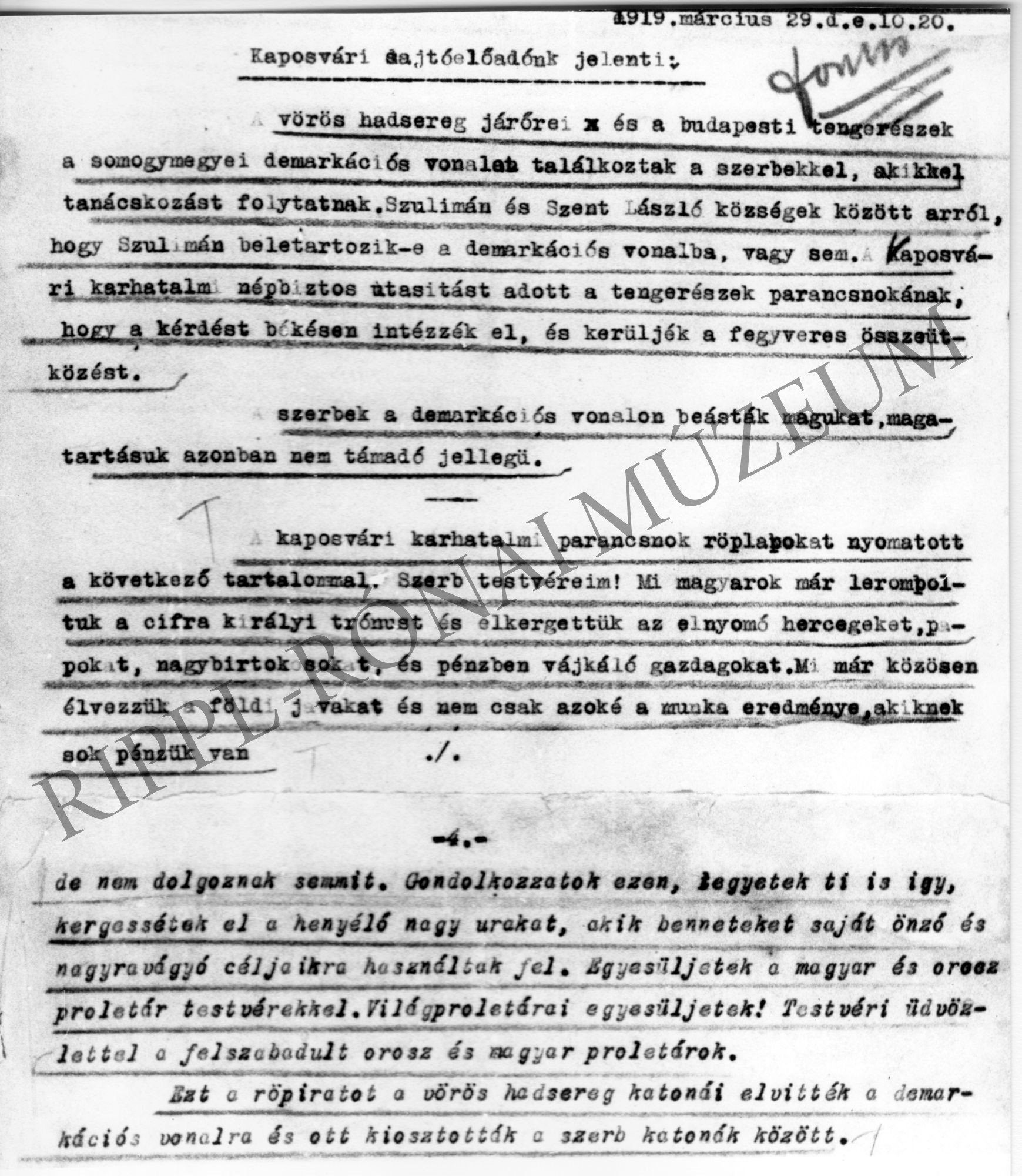 Kaposvári sajtóelőadó jelentése (1919. március 29.) A vörös hadsereg a somogyi demarkációs vonalnál találkozott a szerbekkel és agitálja őket (Rippl-Rónai Múzeum CC BY-NC-SA)