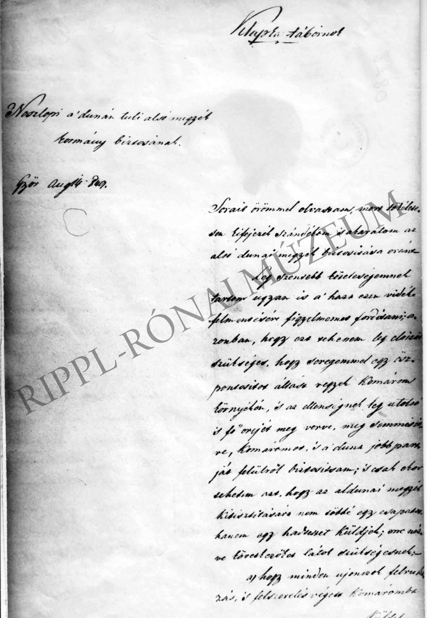 Klapka György tábornok levele Noszlopy Gáspár kormánybiztosnak I. (Rippl-Rónai Múzeum CC BY-NC-SA)