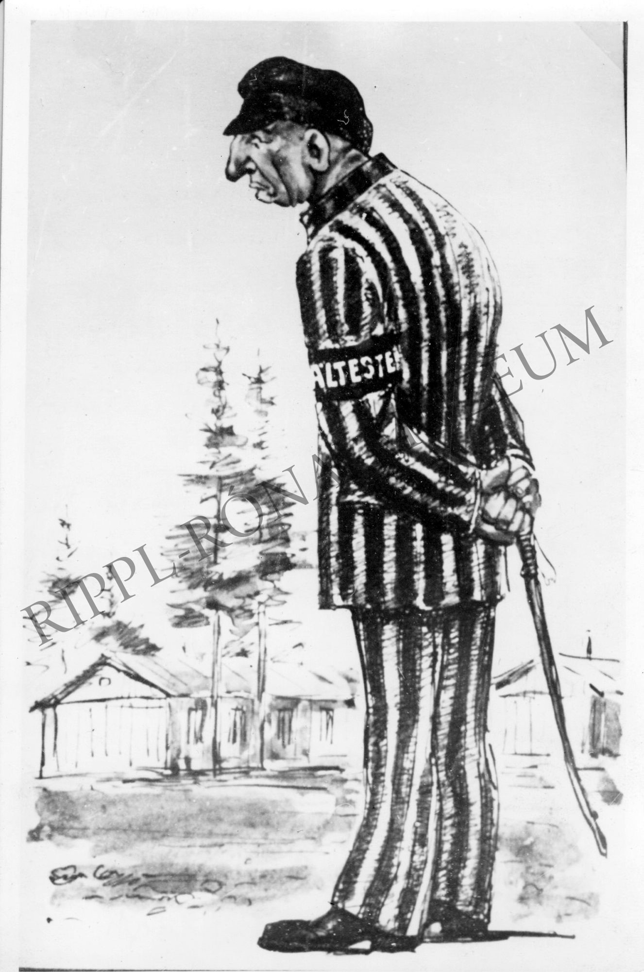 Lorens karikatúrája a mauthauseni fogság emlékére (Rippl-Rónai Múzeum CC BY-NC-SA)