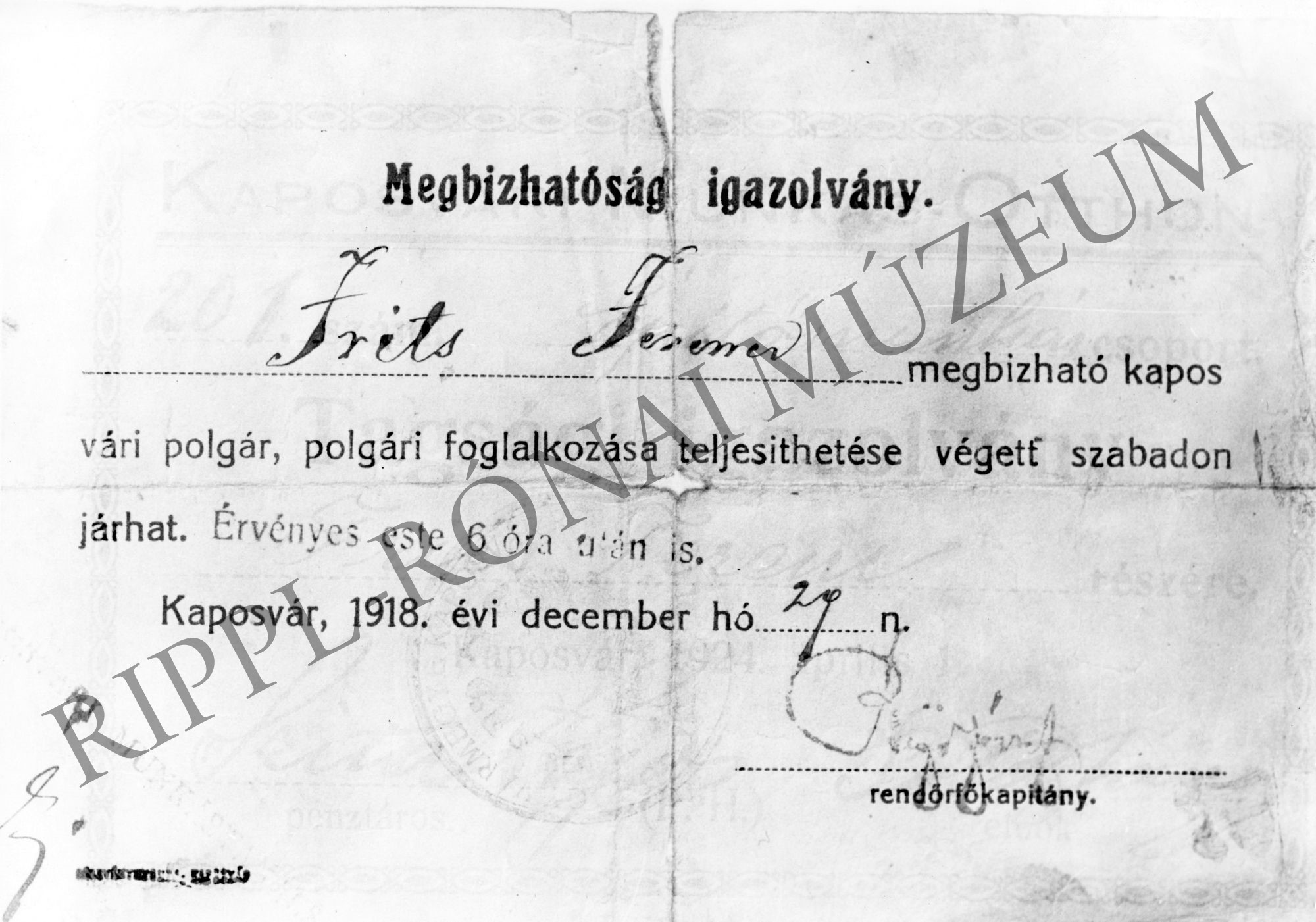 Megbizhatósági igazolvány Frits Ferenc részére - 1918. dec. 29. (Rippl-Rónai Múzeum CC BY-NC-SA)