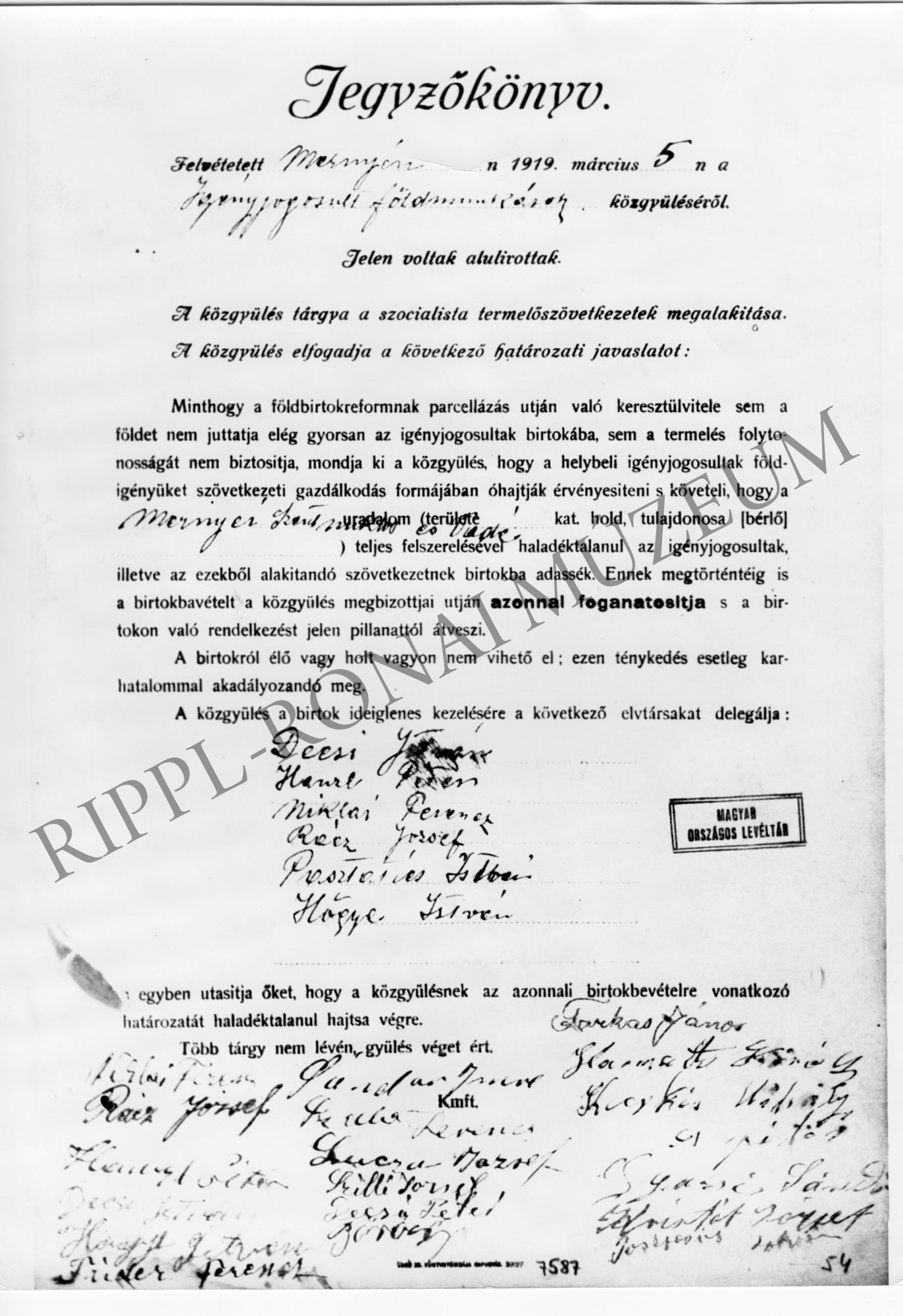 Mernyén, 1919. március 5-én kelt jegyzőkönyv az igényjogosult földmunkások közgyűléséről (tsz-szervezés) (Rippl-Rónai Múzeum CC BY-NC-SA)