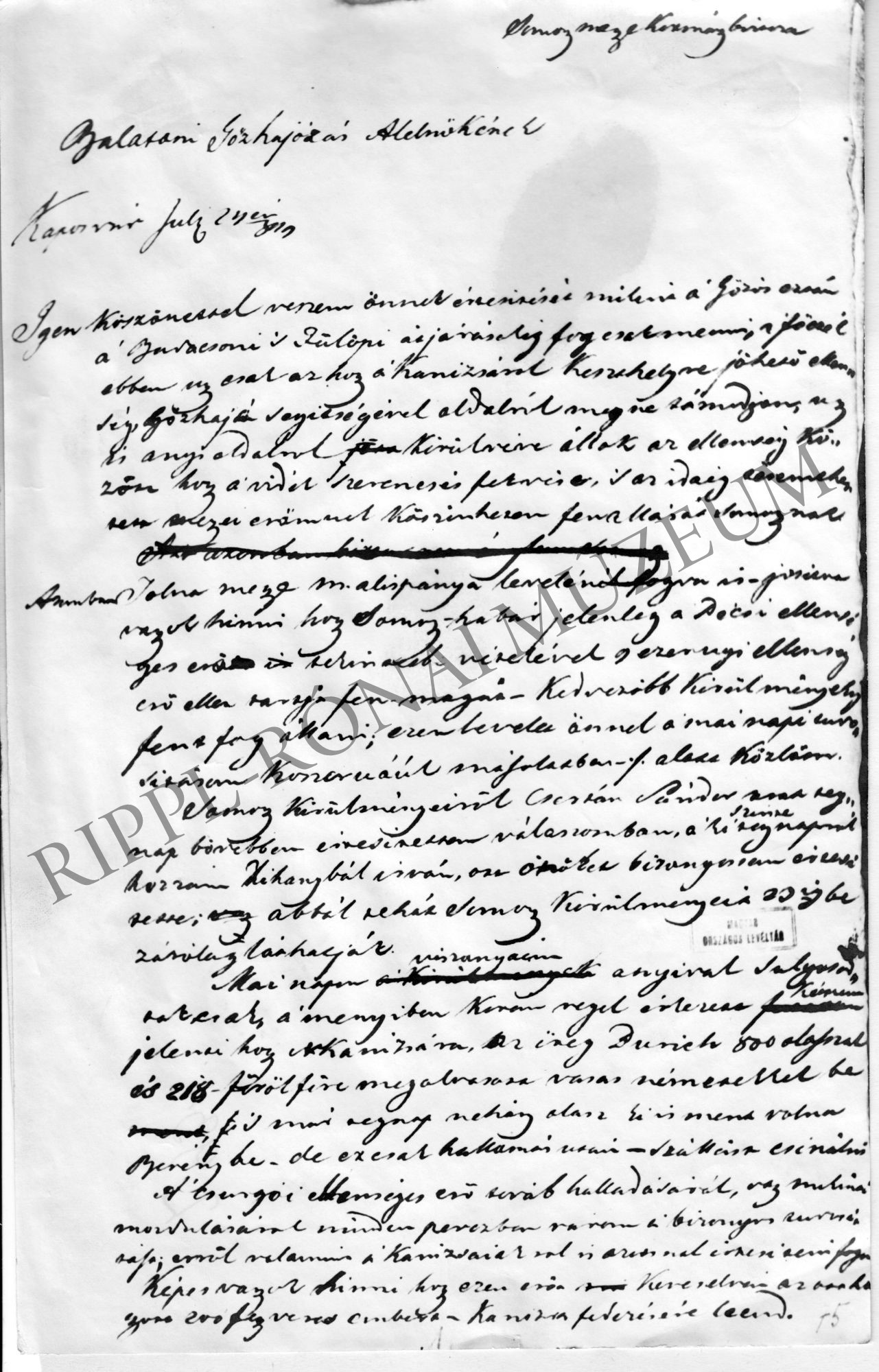 Noszlopy Gáspár levele a Balatoni Gőzhajózási Társaság alelnökének 1849. július 29-én (Rippl-Rónai Múzeum CC BY-NC-SA)