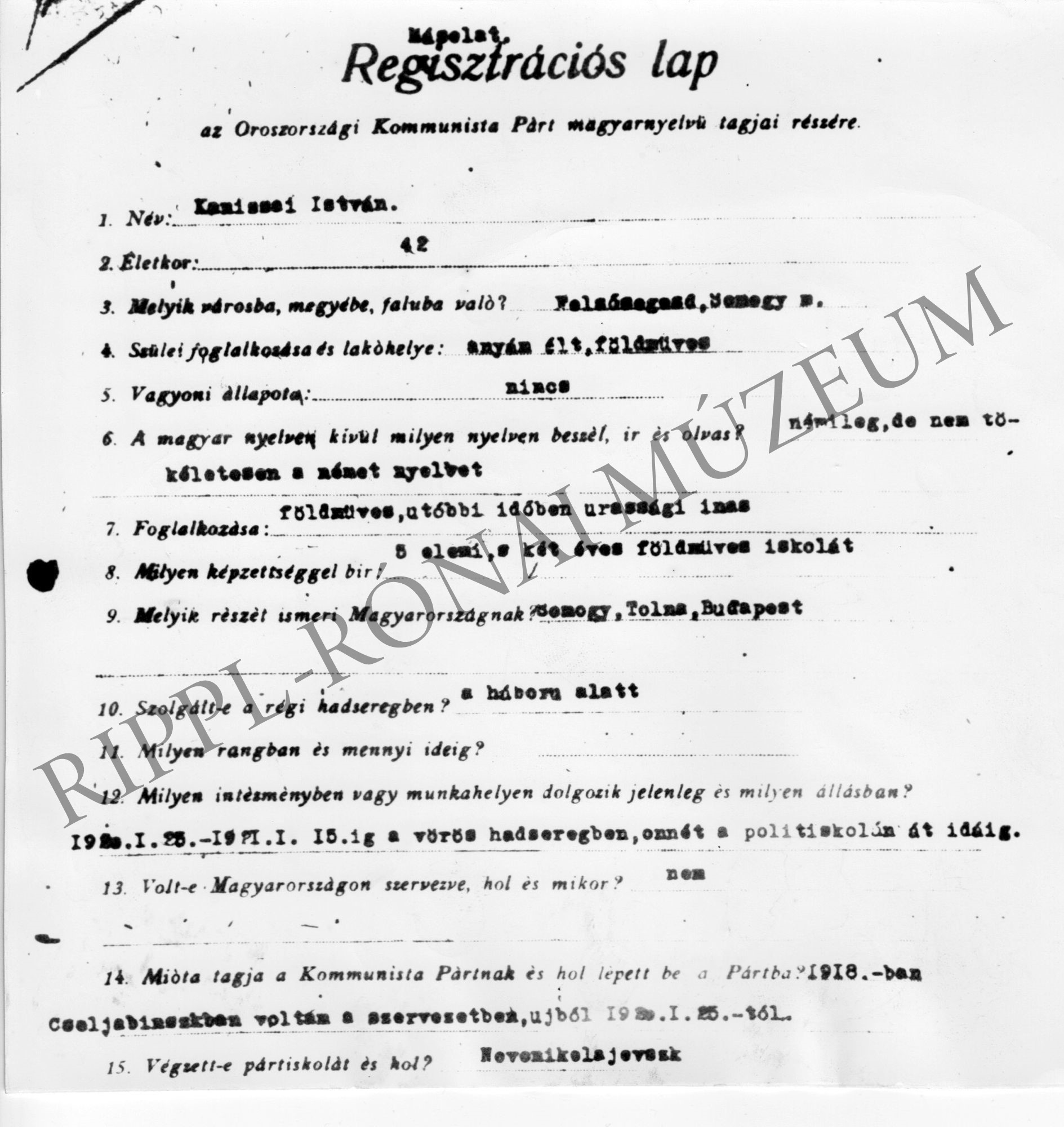 Regisztrációs lap az Oroszországi Kommunista Párt magyarnyelvű tagjai részére (Rippl-Rónai Múzeum CC BY-NC-SA)