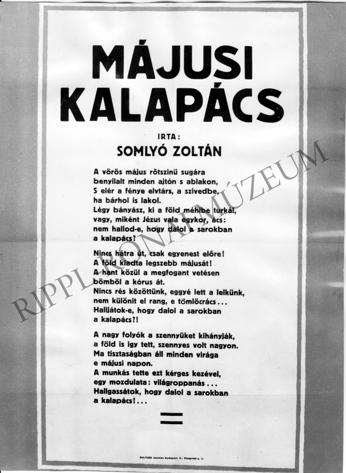 Röplap: Somlyó Zoltán: Májusi kalapács c. verse (Rippl-Rónai Múzeum CC BY-NC-SA)