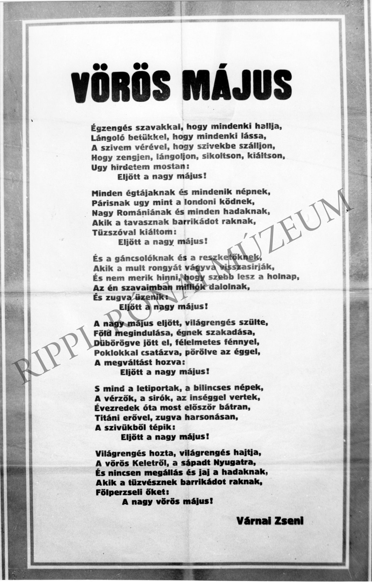 Röplap: Várnai Zseni: Vörös május c. verse (Rippl-Rónai Múzeum CC BY-NC-SA)