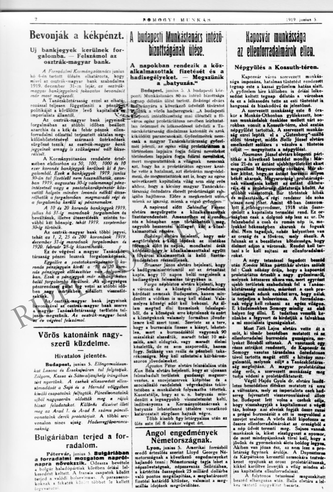 Somogyi Munkás 1919. június 5.:" Kaposvár munkássága az ellenforradalmárok ellen" (Rippl-Rónai Múzeum CC BY-NC-SA)