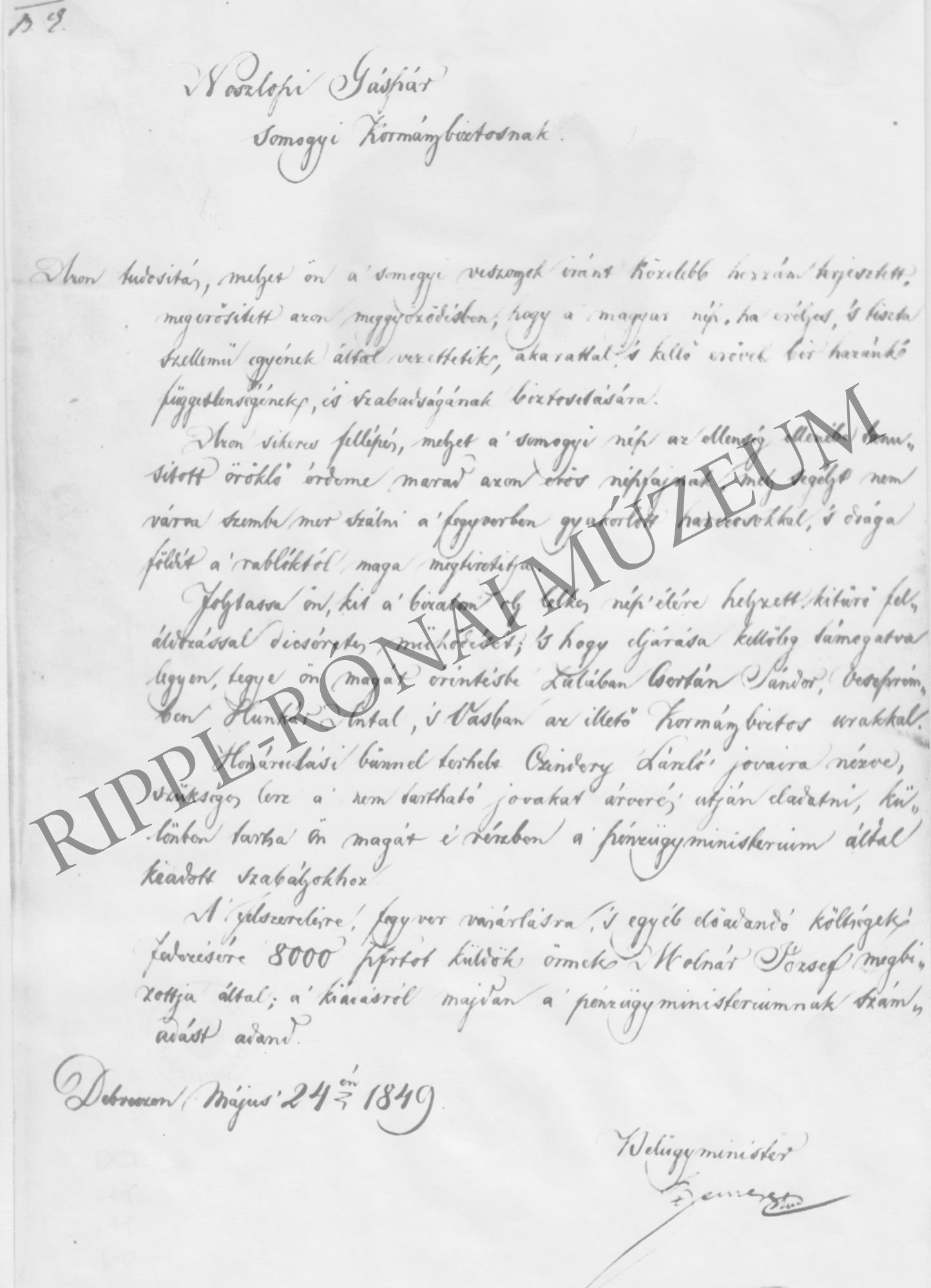 Szemere Bertalan levele Noszlopy Gáspárnak (Rippl-Rónai Múzeum CC BY-NC-SA)