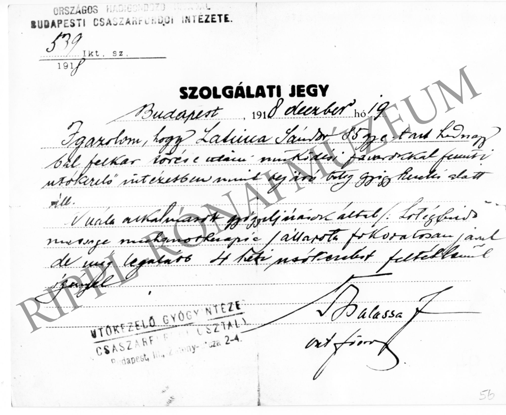 "Szolgálati jegy"- Latinca Sándor harctéri sérülésének igazolása. 1918. december 19. (Rippl-Rónai Múzeum CC BY-NC-SA)