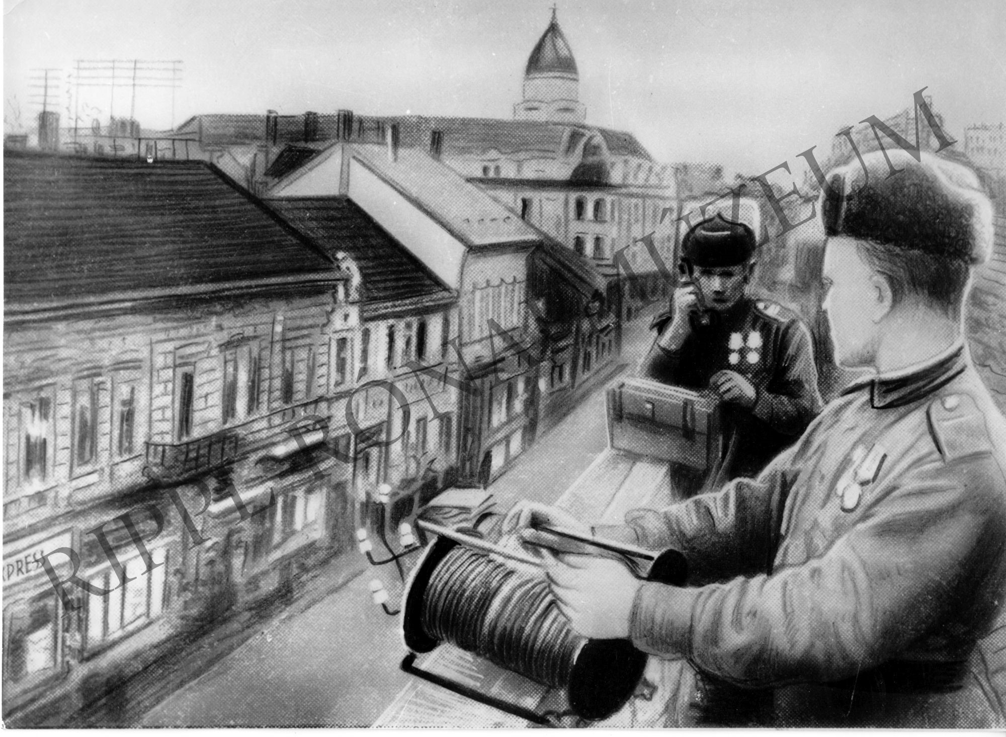 Szovjet katonák telefont szerelnek Székesfehérváron. 1945. (Rippl-Rónai Múzeum CC BY-NC-SA)