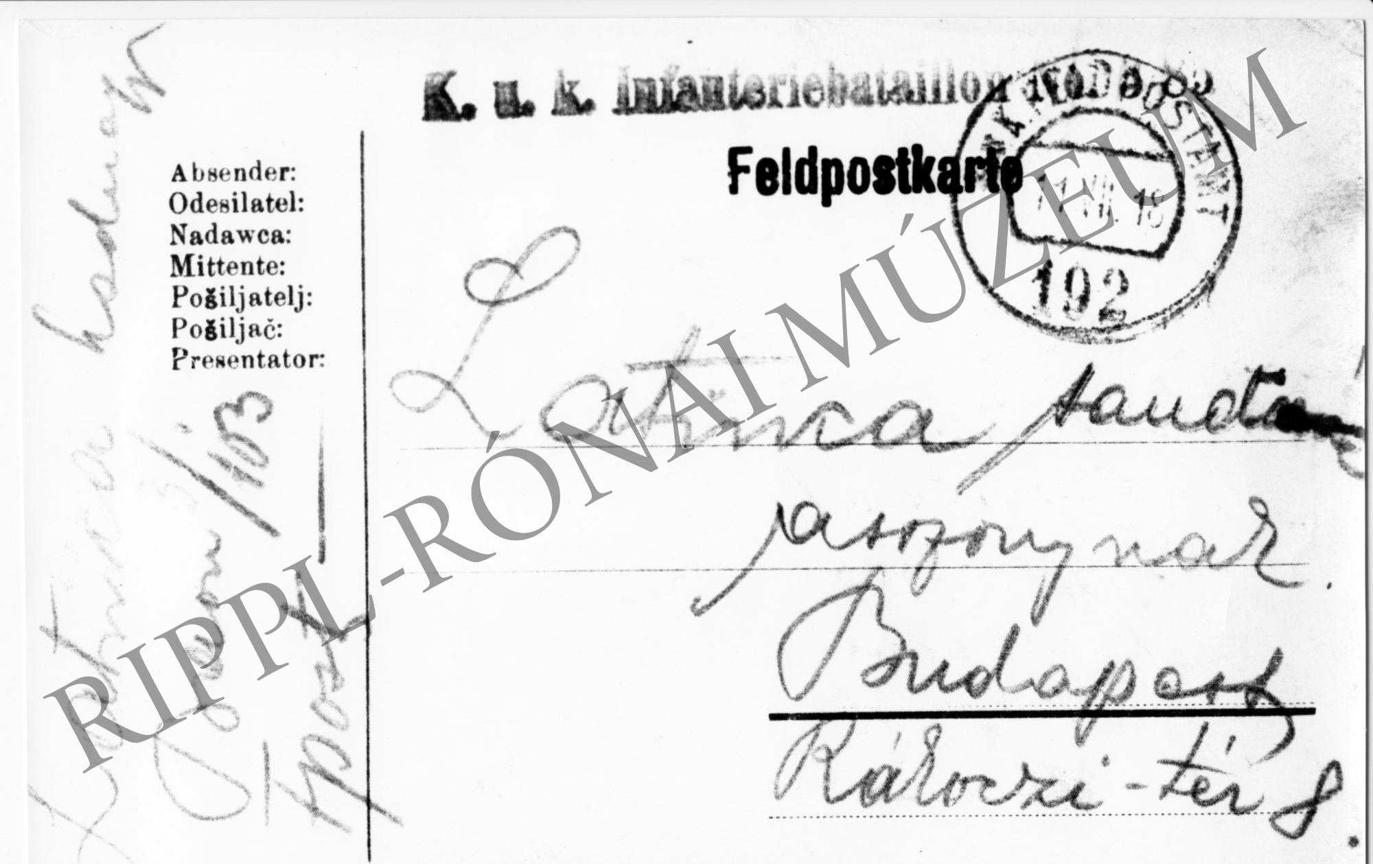 Tábori levelezőlap Latinca Sándorné részére az olasz frontról. 1918. júl. 18. (Rippl-Rónai Múzeum CC BY-NC-SA)