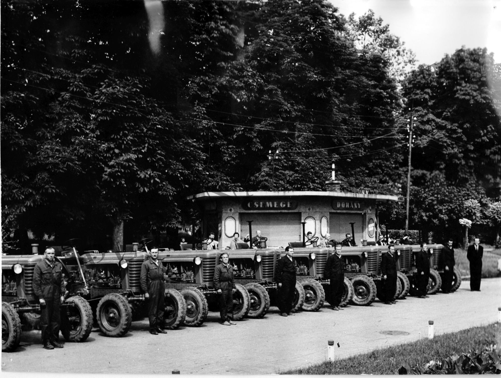 Traktorosok felsorakozása a traktorok előtt. - Kaposváron a Csemege pavilonnál (Rippl-Rónai Múzeum CC BY-NC-SA)