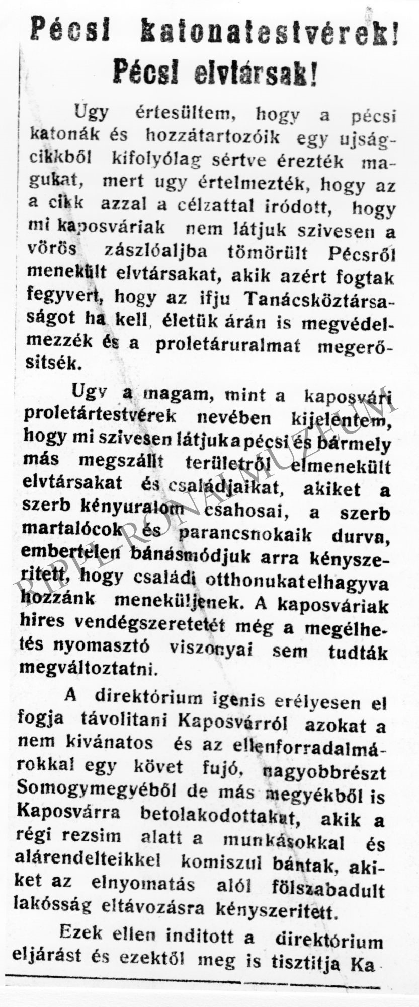 újságcikk: " Pécsi katonatestvérek! Pécsi elvtársak!" (Rippl-Rónai Múzeum CC BY-NC-SA)