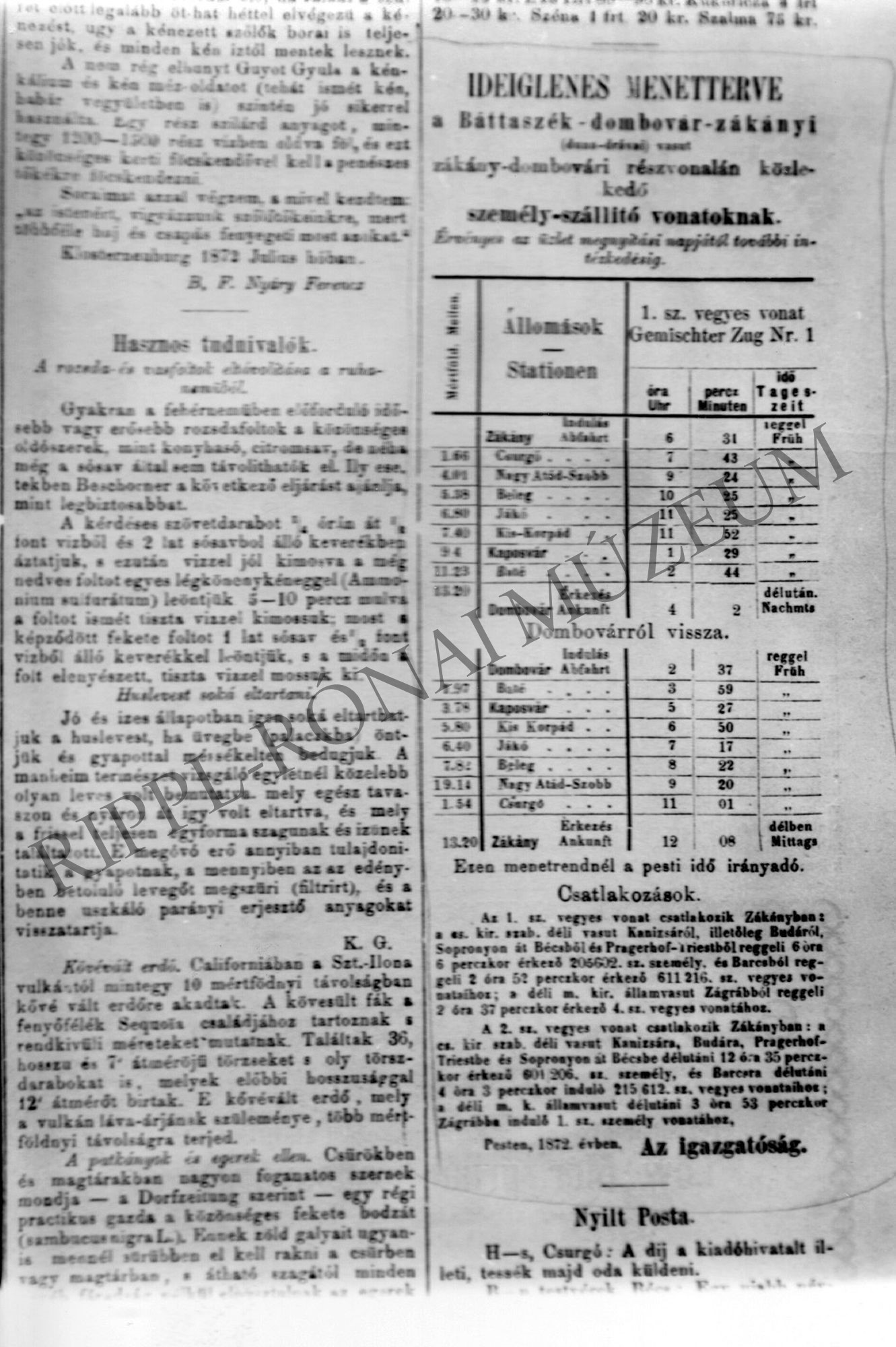 Vasúti menetrend - Somogy 1872. október 1. (Rippl-Rónai Múzeum CC BY-NC-SA)