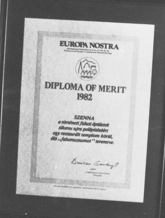 " Európa Nostra" díj oklevele. Az Sz.Sz.N.Gy. kapta 1982 - ben (Rippl-Rónai Múzeum CC BY-NC-ND)