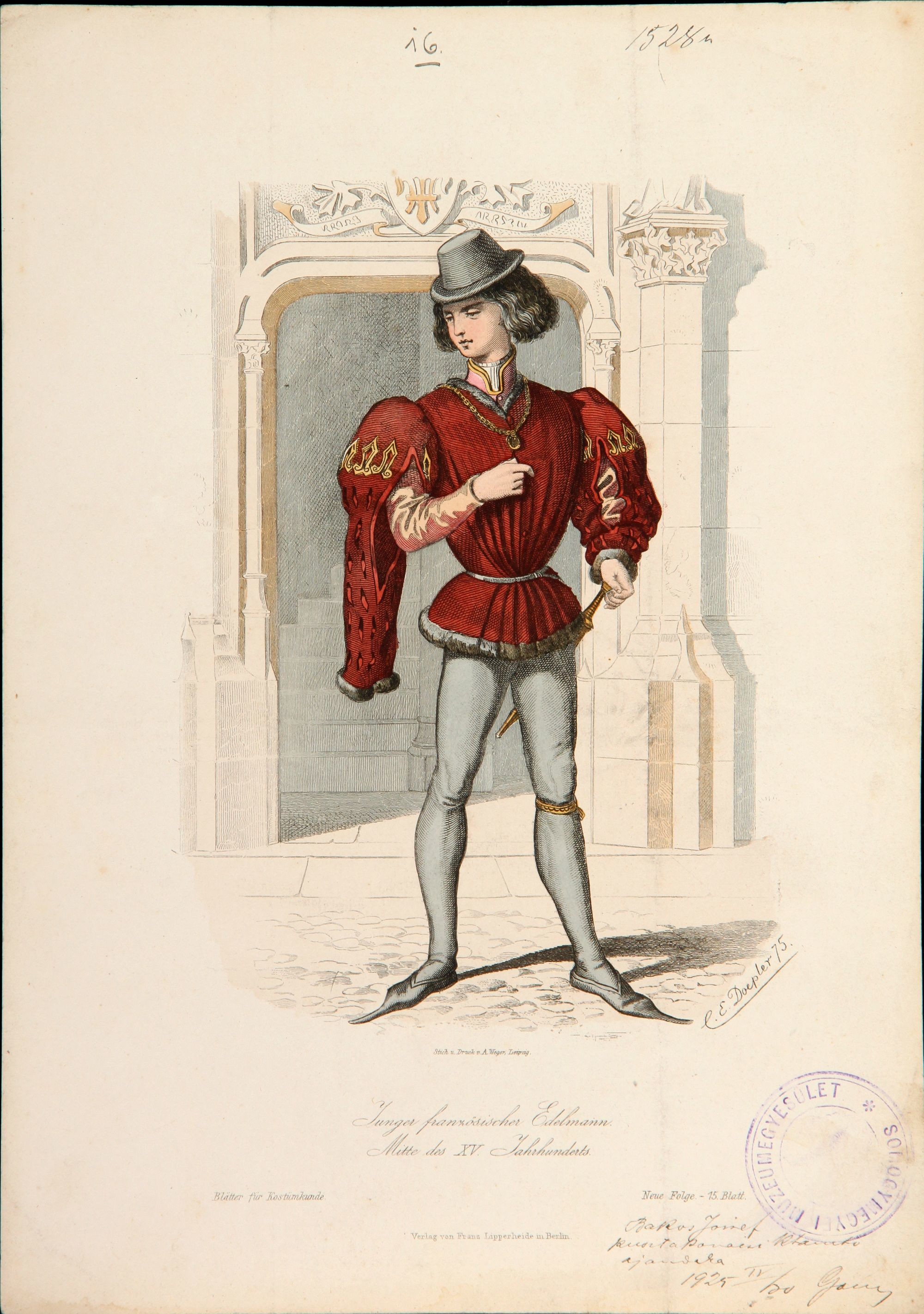 Fiatal francia nemes a 15. századból - Kosztümlap 16. (Rippl-Rónai Múzeum CC BY-NC-SA)