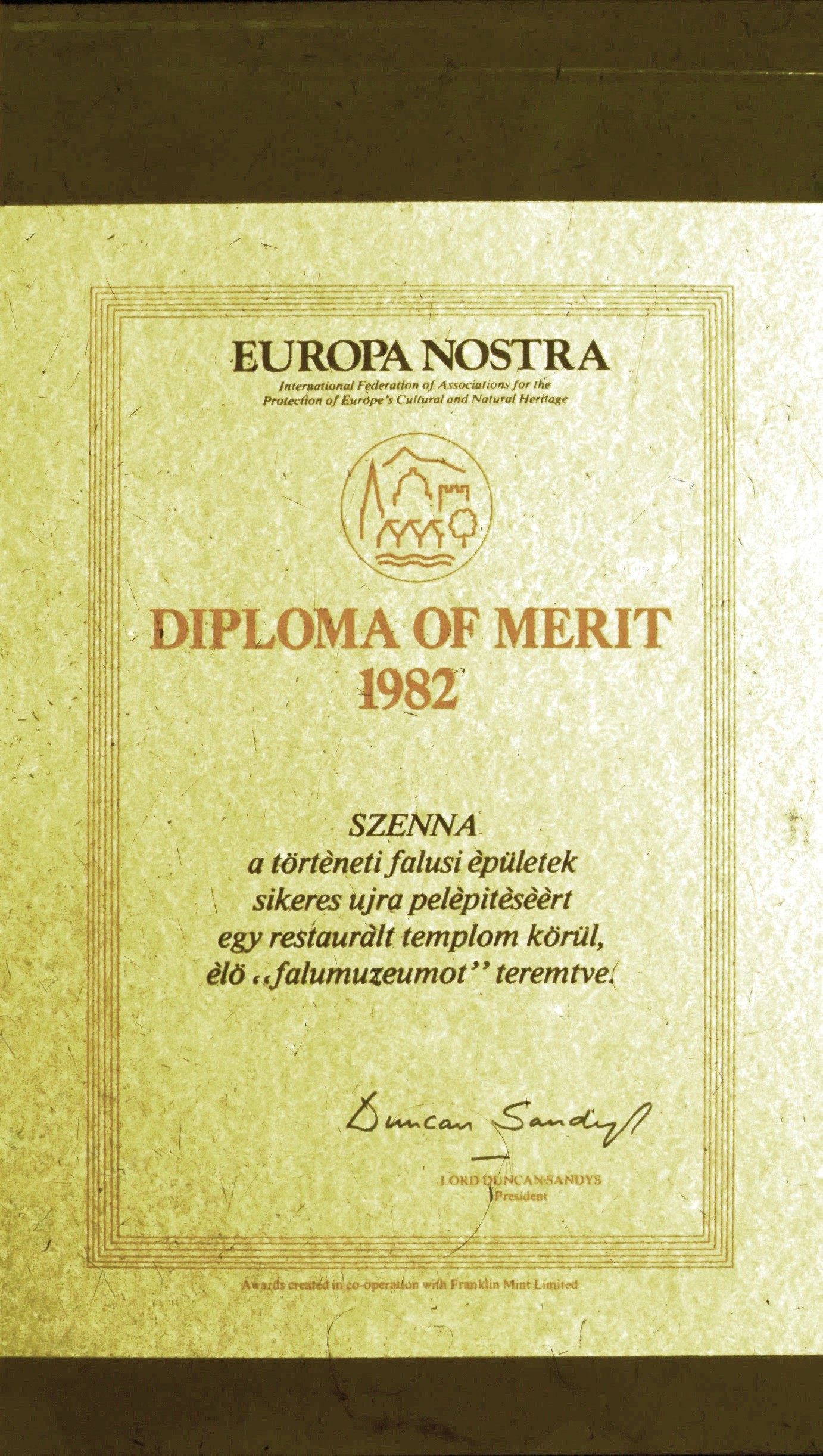 "Europa Nostra" díj oklevele (Rippl-Rónai Múzeum CC BY-NC-ND)