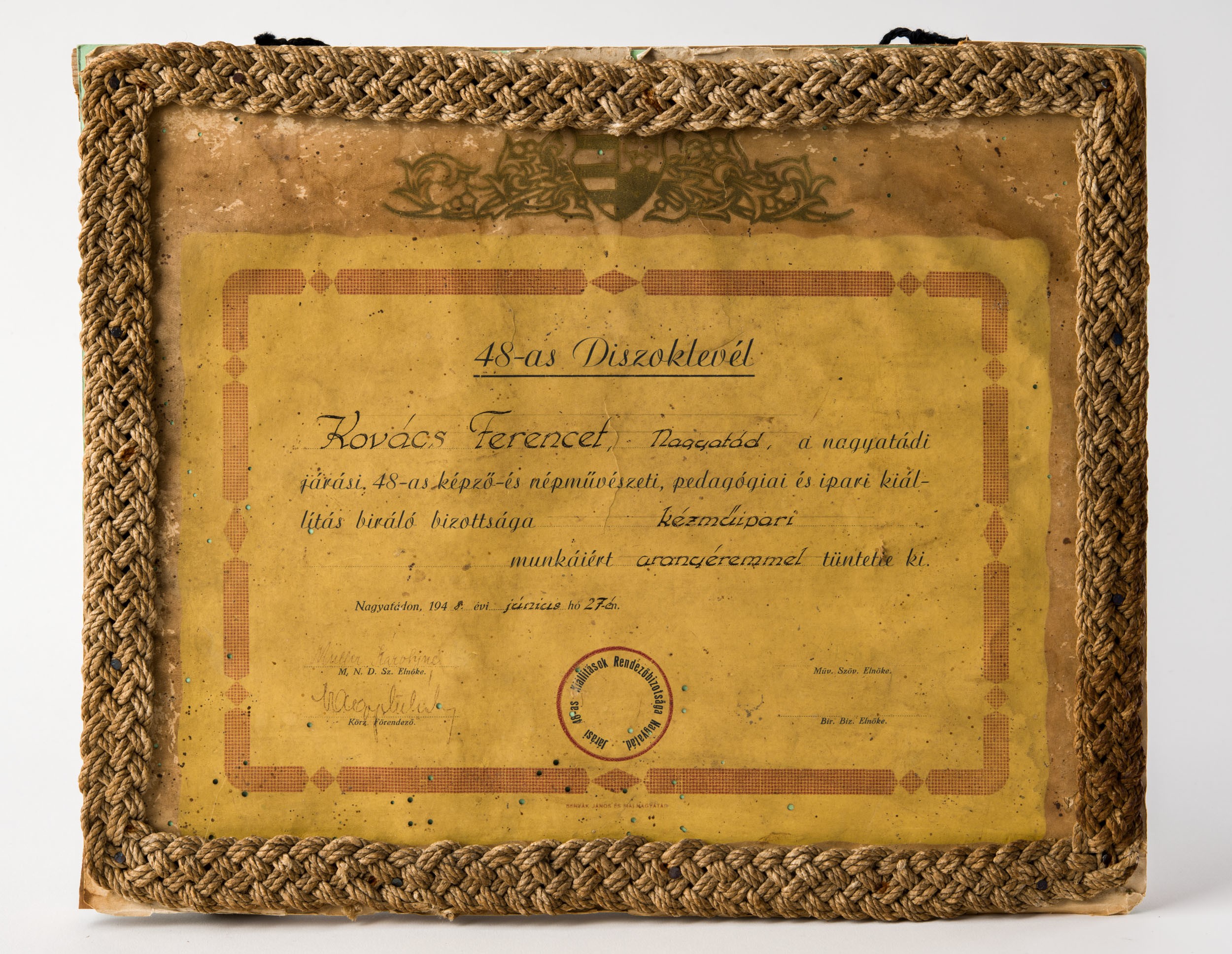 Díszoklevél (Nagyatádi Kulturális és Sport Központ - Városi Múzeum CC BY-NC-SA)