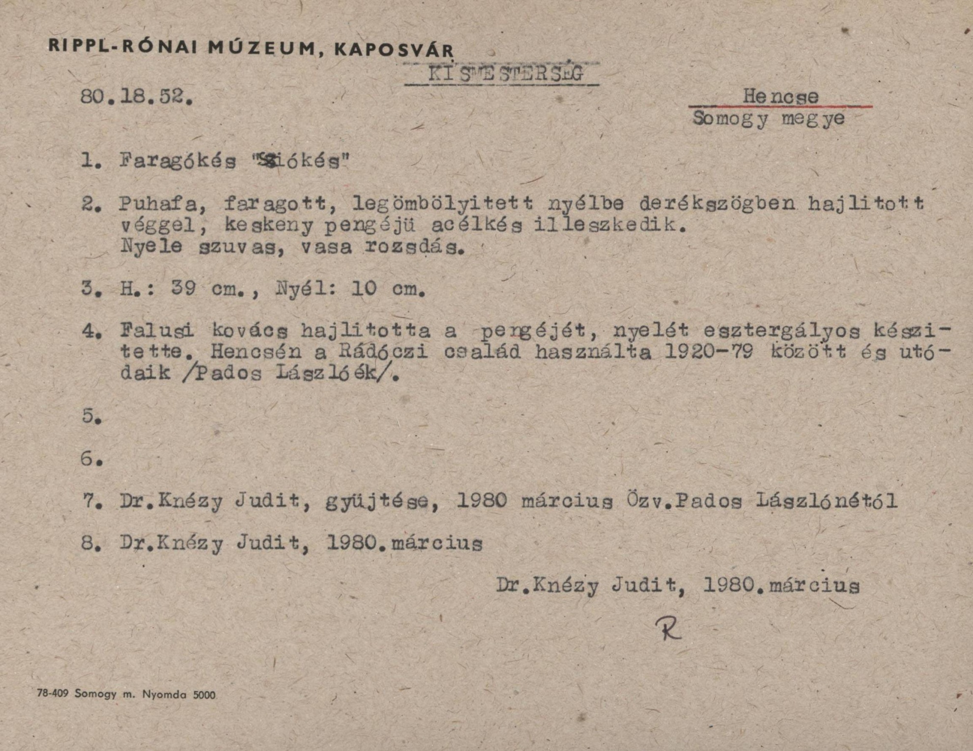 "Sziókés" kétnyelű faragókés (Rippl-Rónai Múzeum CC BY-NC-SA)