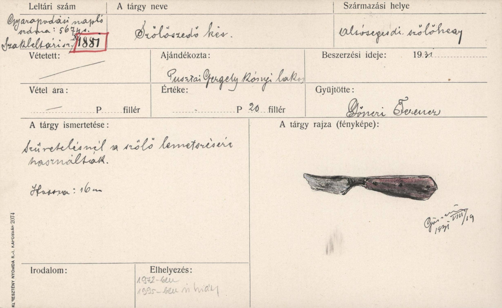 Szőlőszedő kés (Rippl-Rónai Múzeum CC BY-NC-SA)