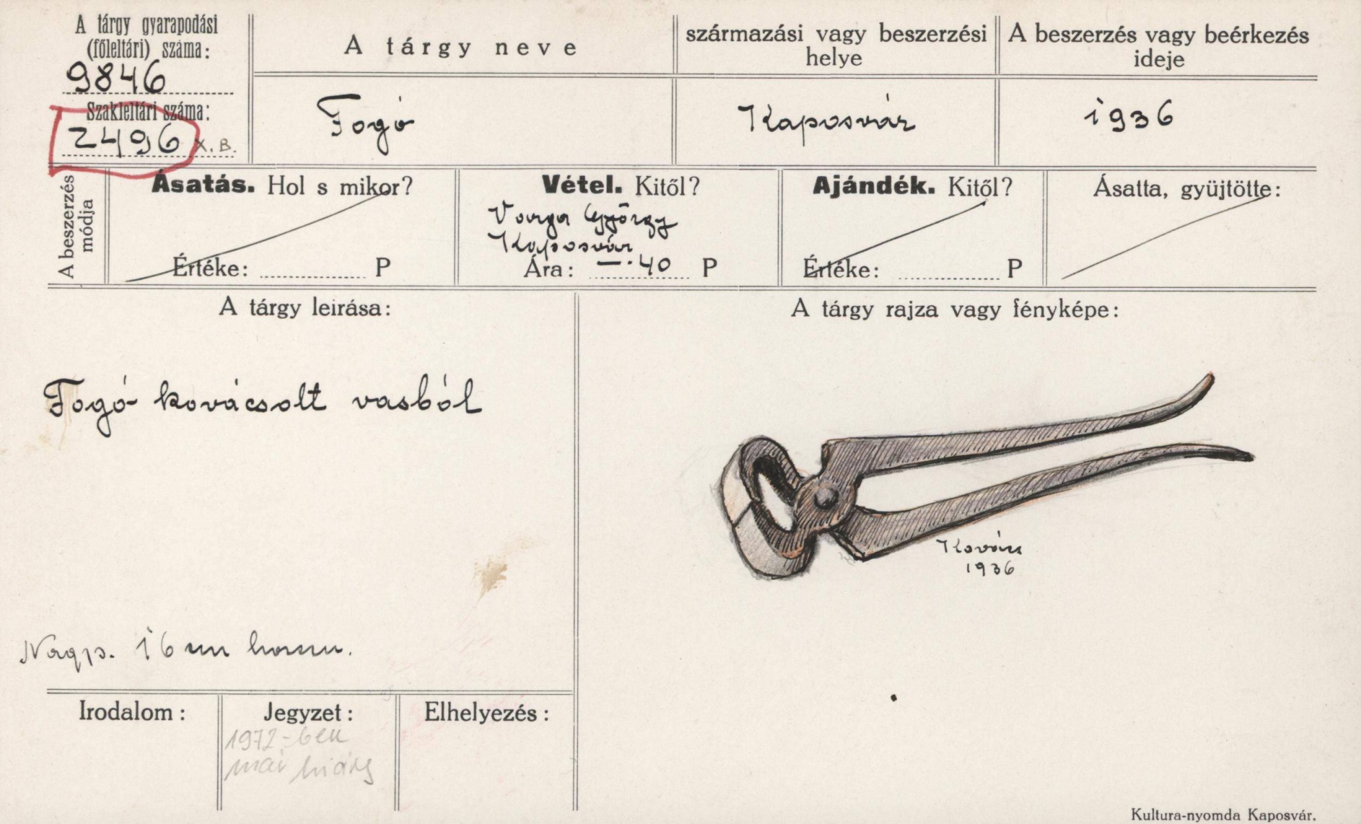 Fogó kovácsolt vasból (Rippl-Rónai Múzeum CC BY-NC-SA)