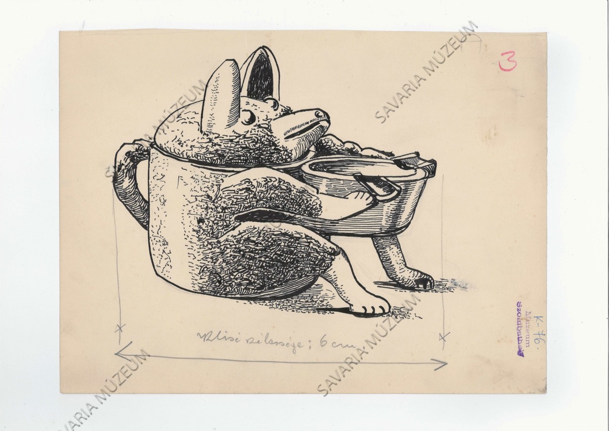 Rajz medvét formázó dohánytartó-hamutárcáról (Savaria Megyei Hatókörű Városi Múzeum, Szombathely CC BY-NC-SA)