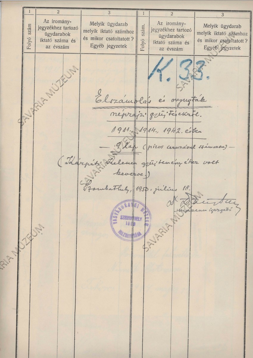 Néprajzi gyűjtések elszámolási adatai (1911, 1912, 1942) (Savaria Megyei Hatókörű Városi Múzeum, Szombathely CC BY-NC-SA)