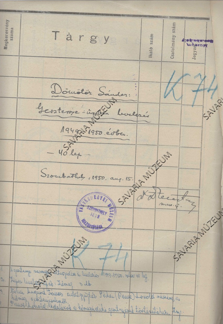 Dömötör Sándor: Gesztenye-ügyben levelezés (Savaria Megyei Hatókörű Városi Múzeum, Szombathely CC BY-NC-SA)