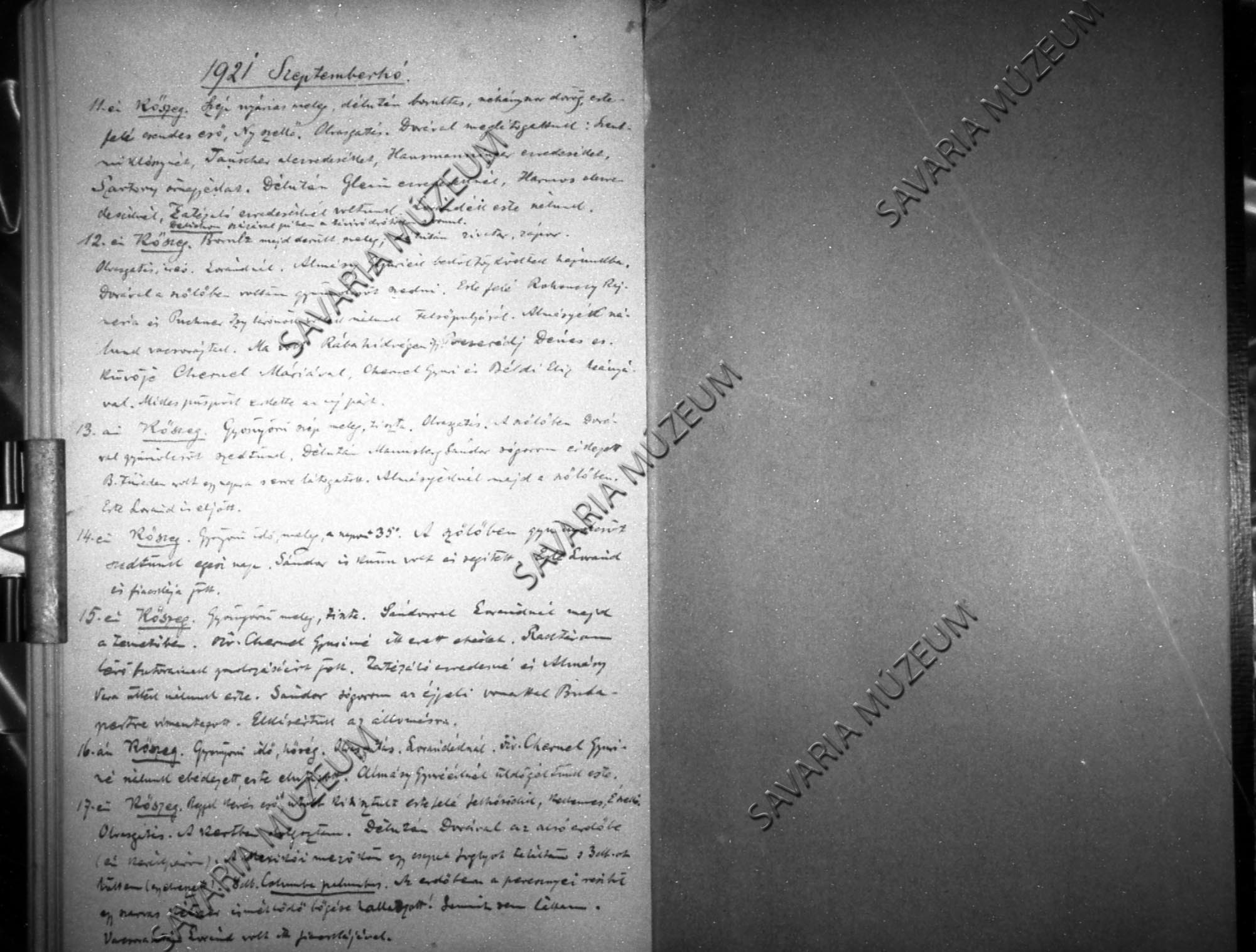 Chernel István naplójának részlete 1921. január 1.- december 31. (Savaria Megyei Hatókörű Városi Múzeum, Szombathely CC BY-NC-SA)