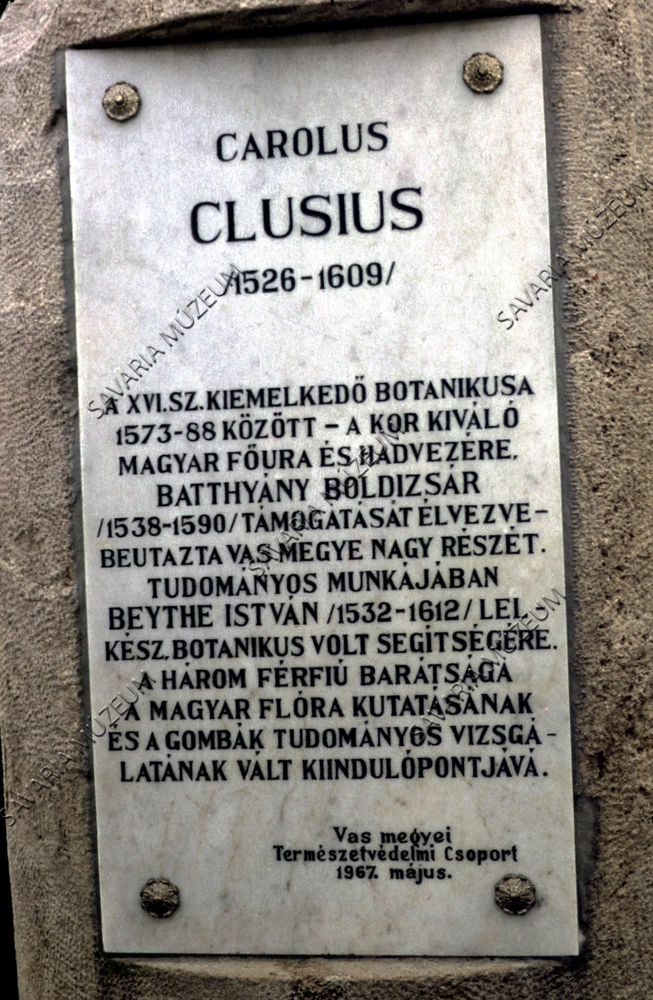 Clusius emléktábla (Savaria Megyei Hatókörű Városi Múzeum, Szombathely CC BY-NC-SA)