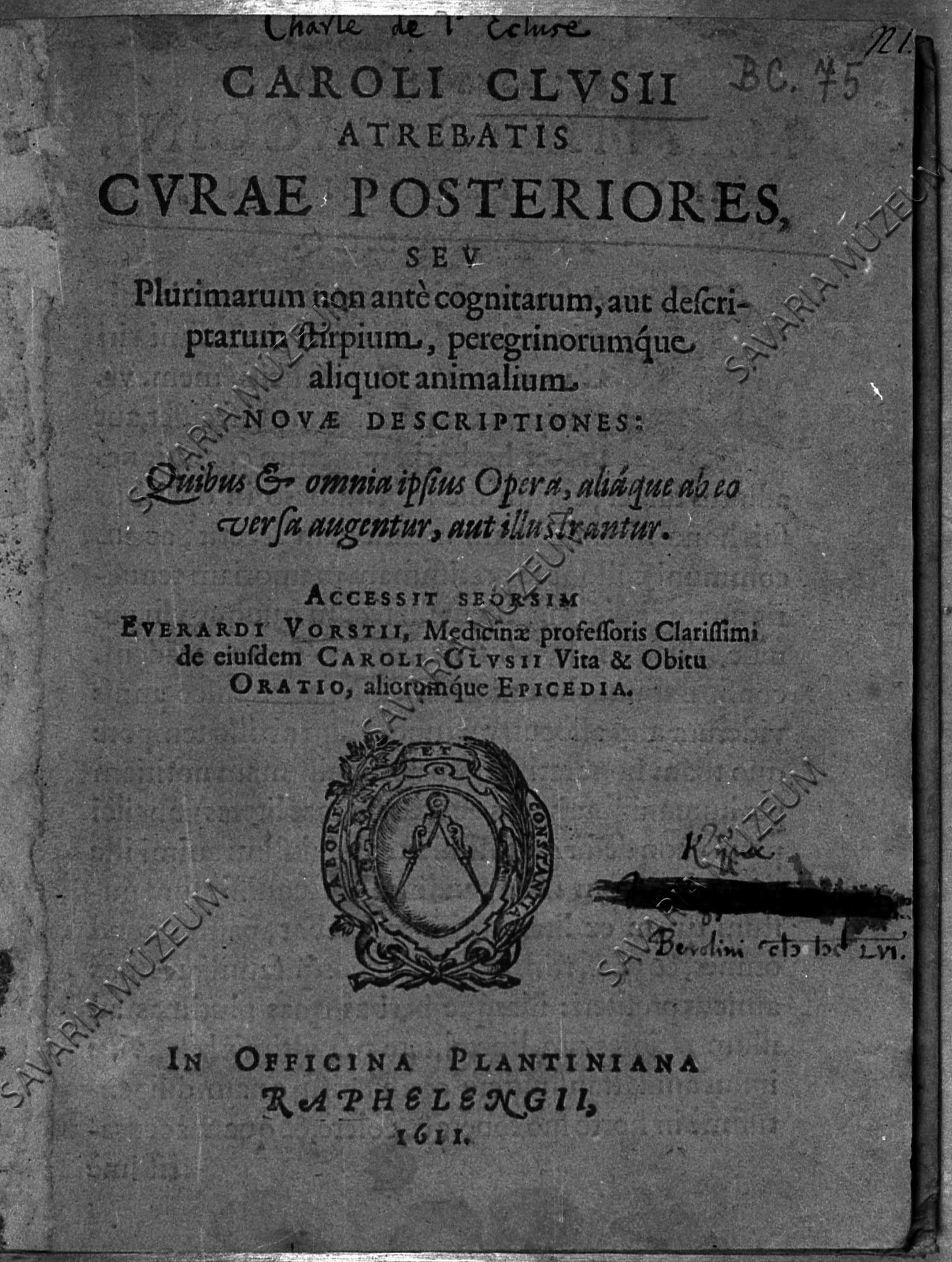 Clusius: Curae Posteriores címoldala 1611-ből (Savaria Megyei Hatókörű Városi Múzeum, Szombathely CC BY-NC-SA)