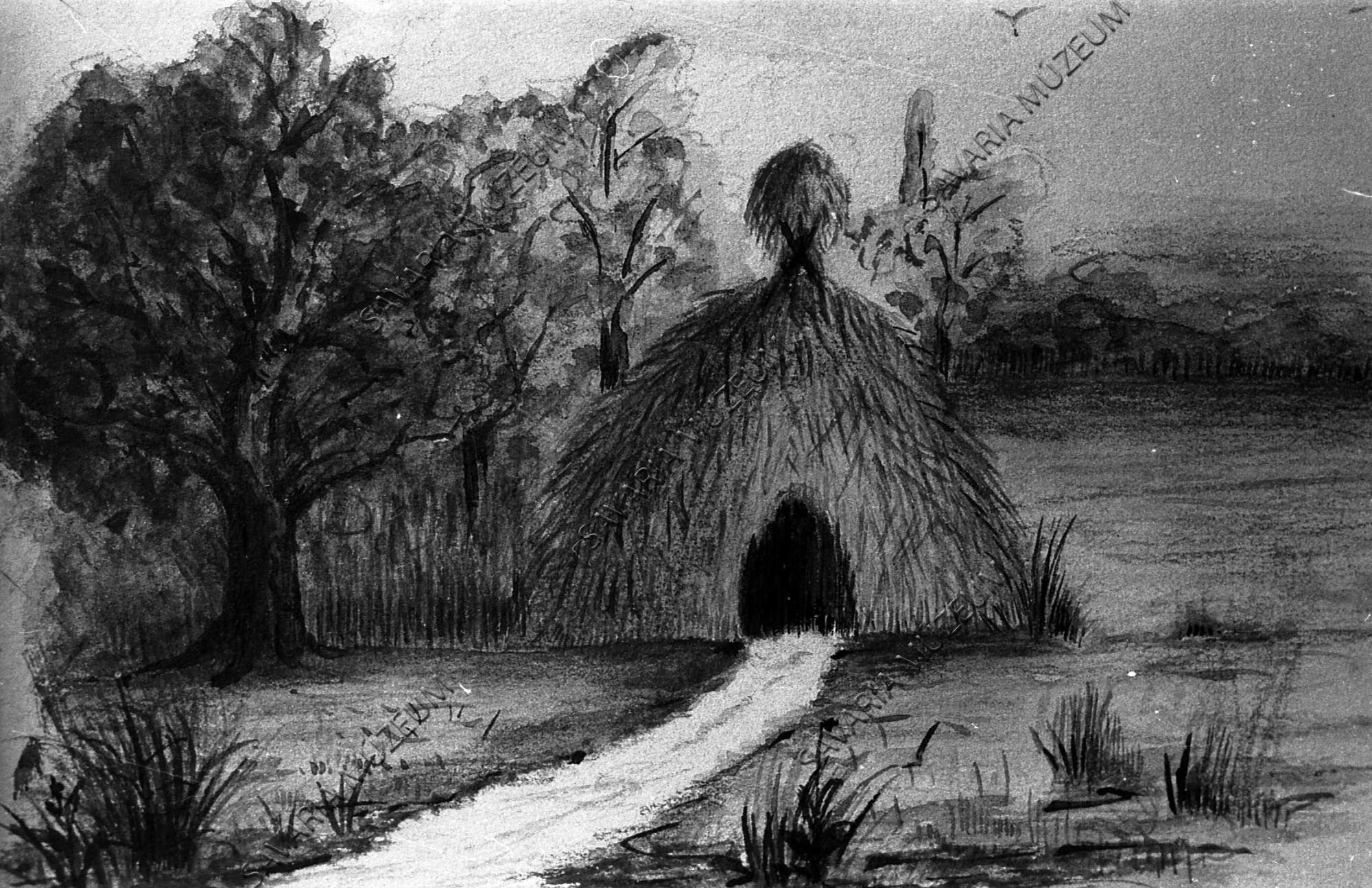Chernel rajza: Csíkász kunyhó a Hanságban (Savaria Megyei Hatókörű Városi Múzeum, Szombathely CC BY-NC-SA)