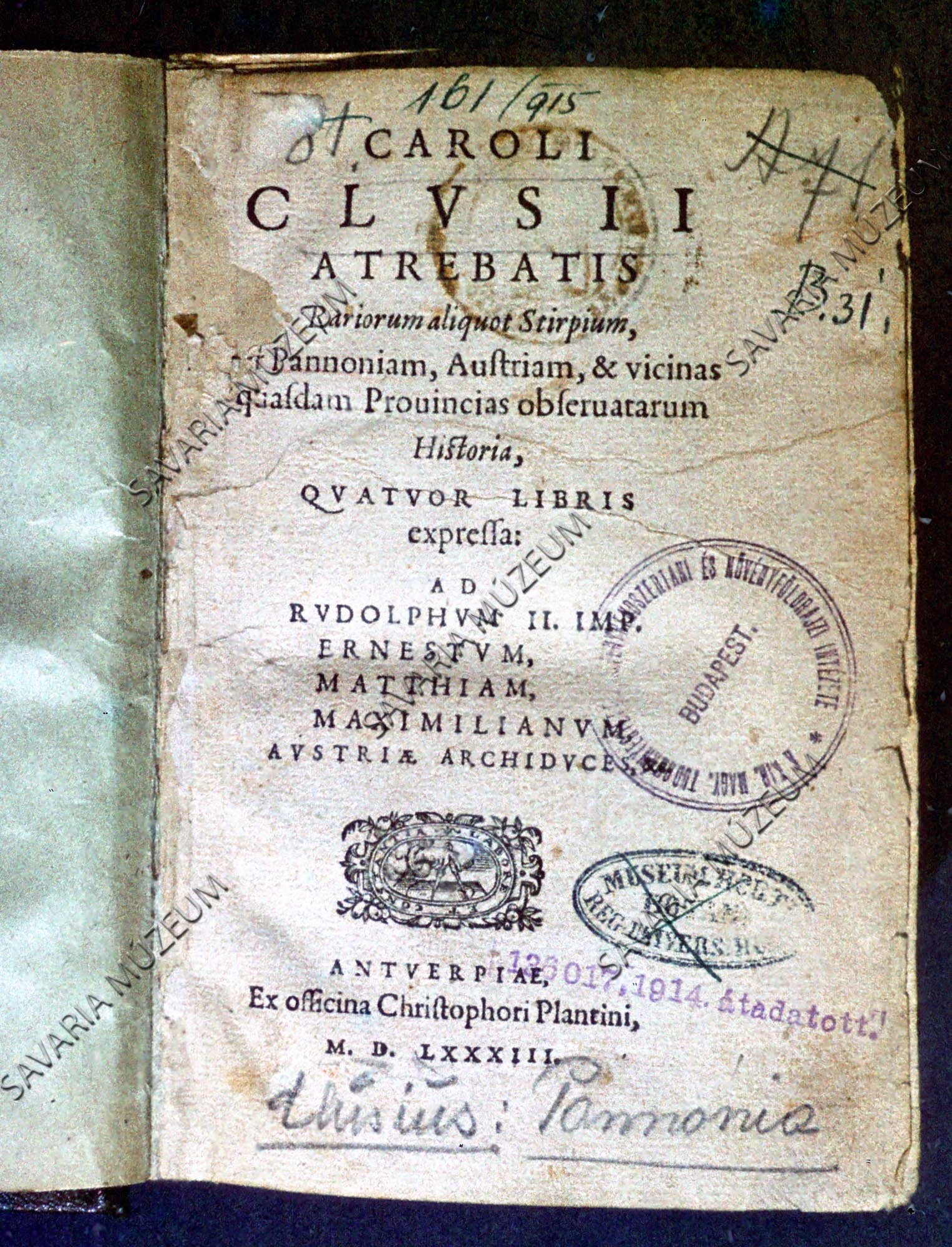 Clusius címoldal (Savaria Megyei Hatókörű Városi Múzeum, Szombathely CC BY-NC-SA)
