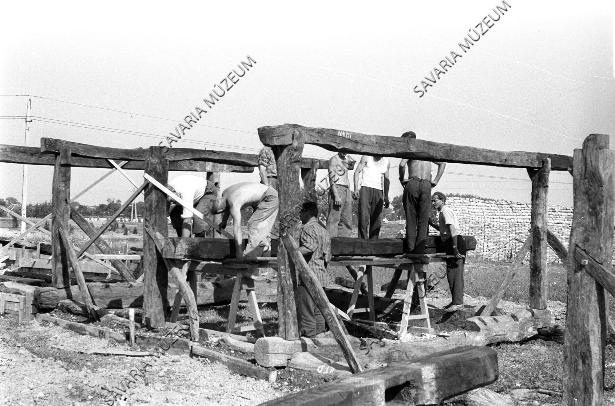 A szentpéterfai ház mestergerendáinak felrakása (Savaria Megyei Hatókörű Városi Múzeum, Szombathely CC BY-NC-SA)