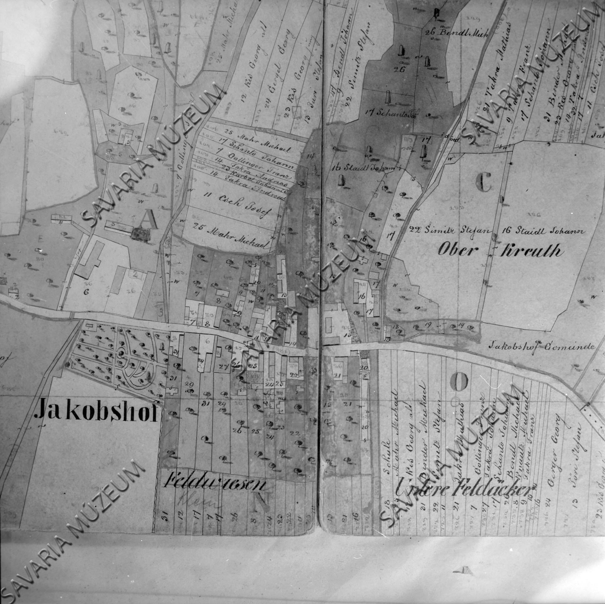 Jakabháza kataszteri térképe 1858. (Savaria Megyei Hatókörű Városi Múzeum, Szombathely CC BY-NC-SA)
