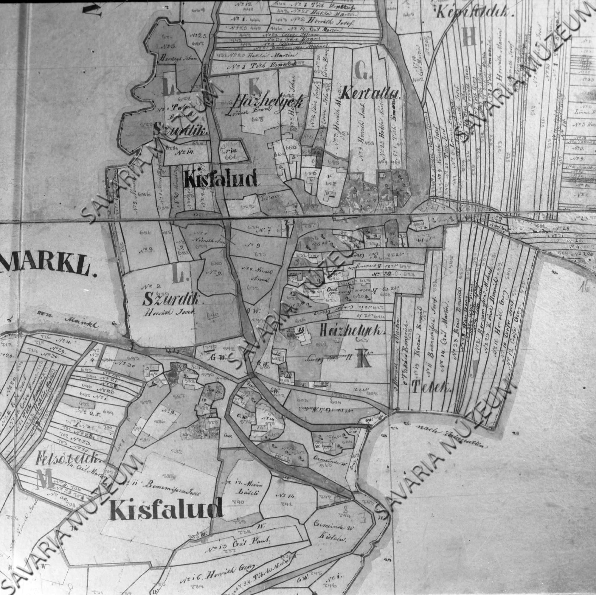 Kisfalud kataszteri térképe 1857. (Savaria Megyei Hatókörű Városi Múzeum, Szombathely CC BY-NC-SA)