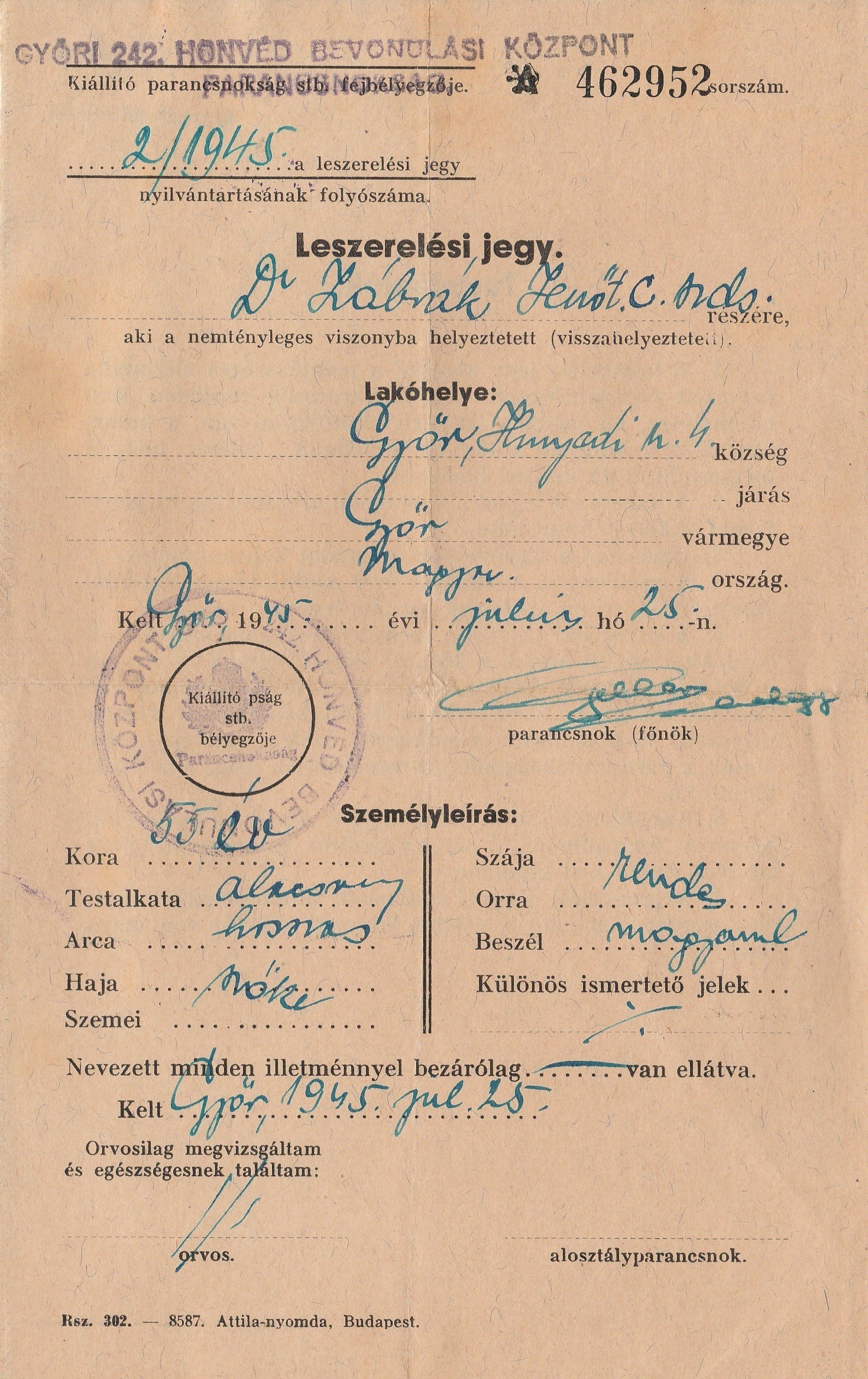 Leszerelési jegy 1945 (Tapolcai Városi Múzeum CC BY-NC-SA)