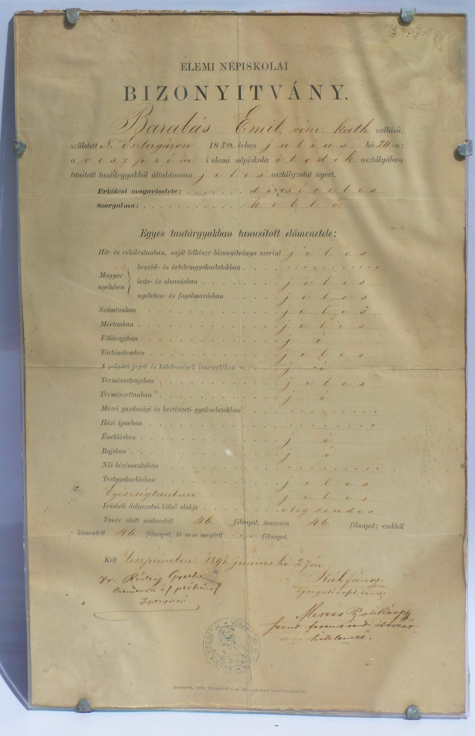 Elemi népiskolai bizonyítvány (Tapolcai Városi Múzeum CC BY-NC-SA)
