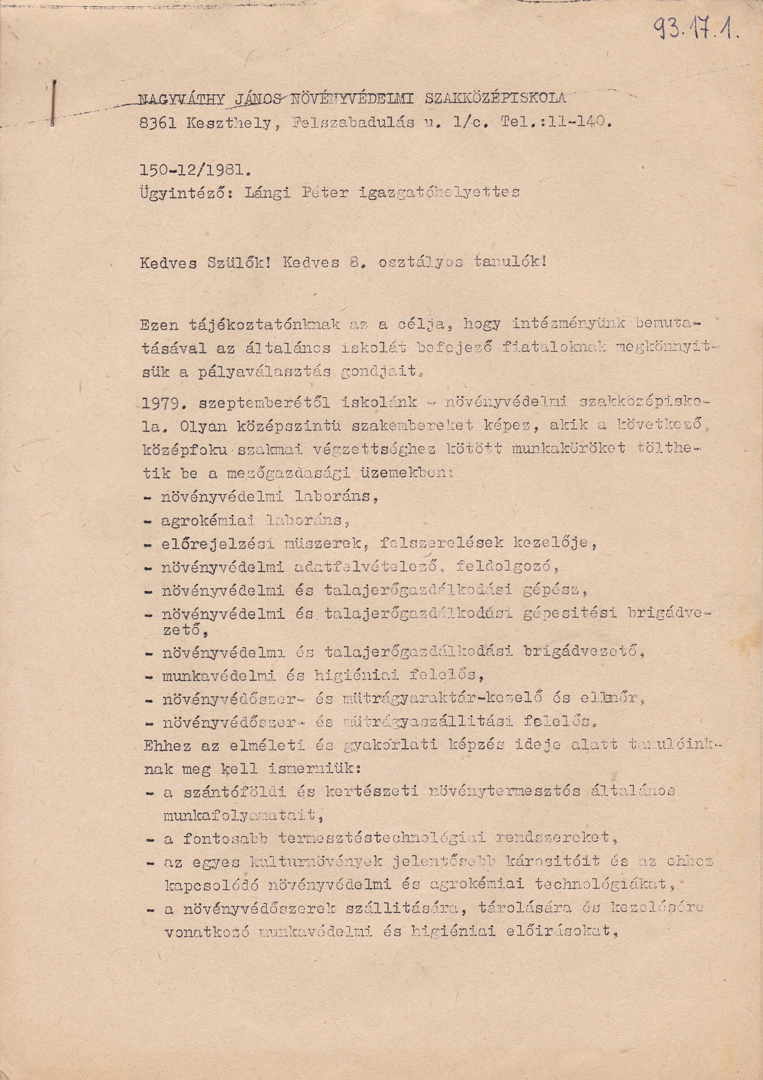 Pályaválasztási ismertető a Nagyváthy Szakközépiskolából (Tapolcai Városi Múzeum CC BY-NC-SA)