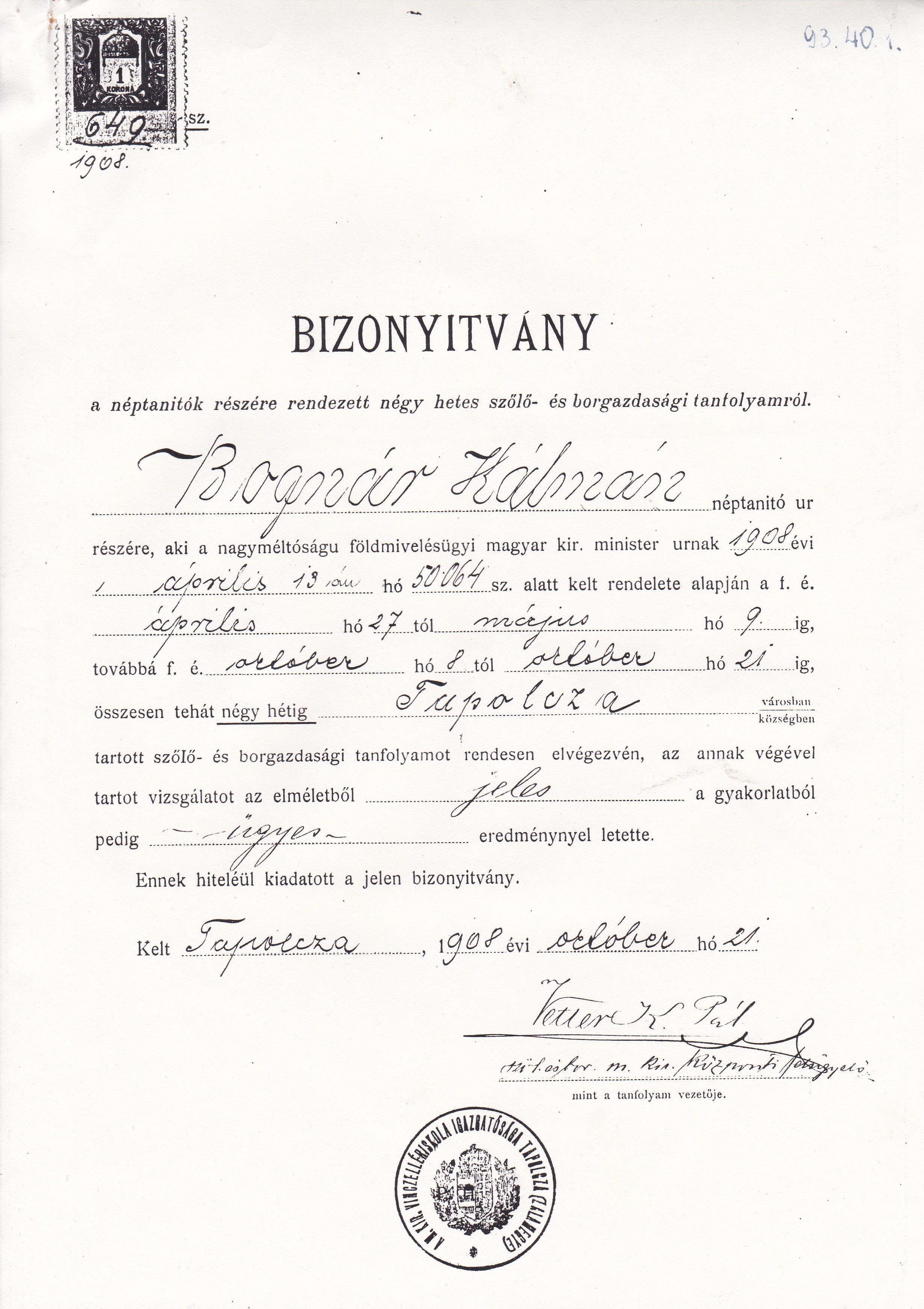 Szőlő- és borgazdasági tanfolyam bizonyítványának fénymásolata (Tapolcai Városi Múzeum CC BY-NC-SA)