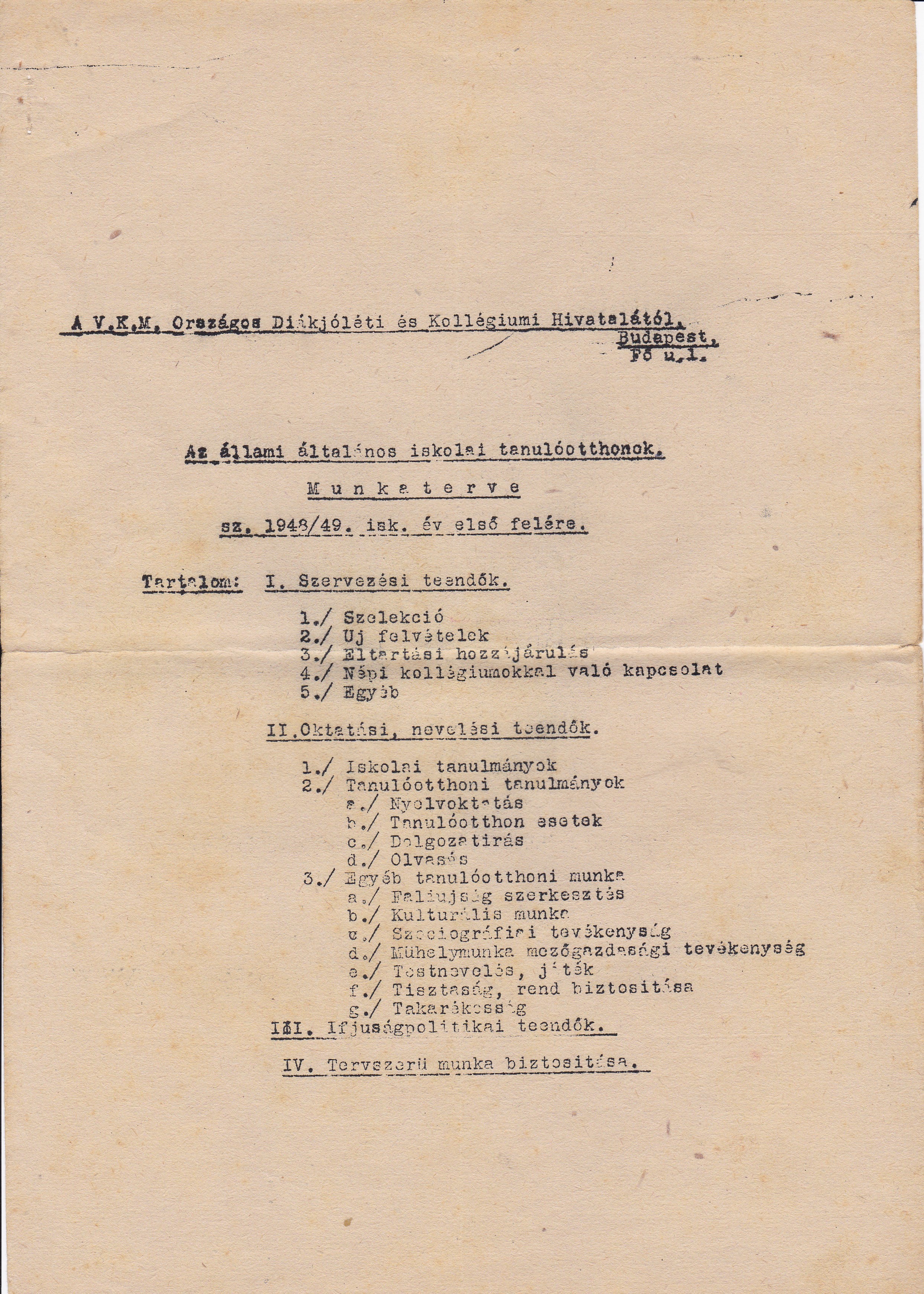 Munkaterv az állami általános iskolai tanulóotthonok számára 1948/49 első félév (Tapolcai Városi Múzeum CC BY-NC-SA)
