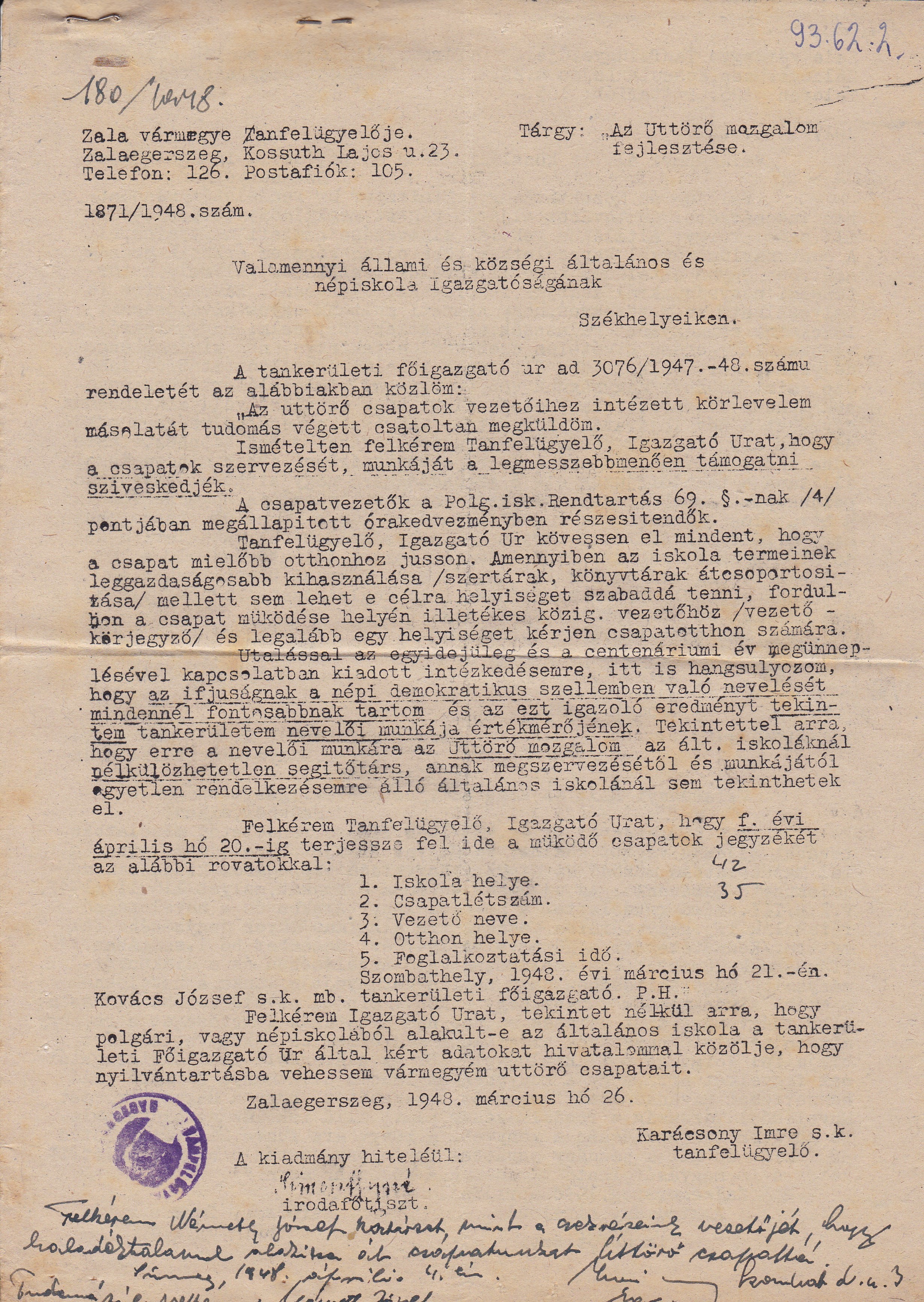 Levelek az Úttörő mozgalom fejlesztéséről, az iskolák névváltoztatási kérelméről és Makarenko könyvéről (Tapolcai Városi Múzeum CC BY-NC-SA)