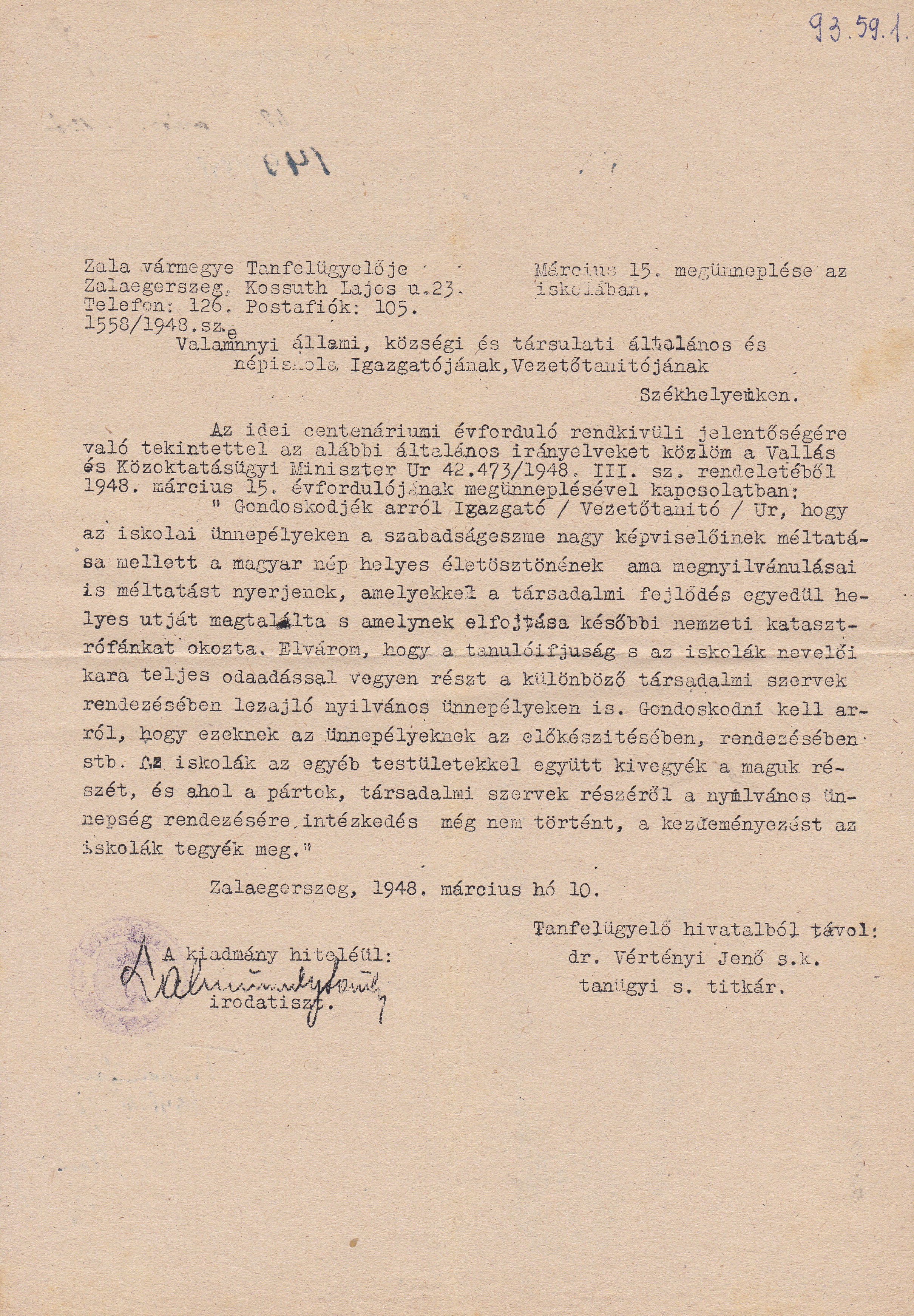 Március 15. megünneplése az iskolákban témájú levél (Tapolcai Városi Múzeum CC BY-NC-SA)