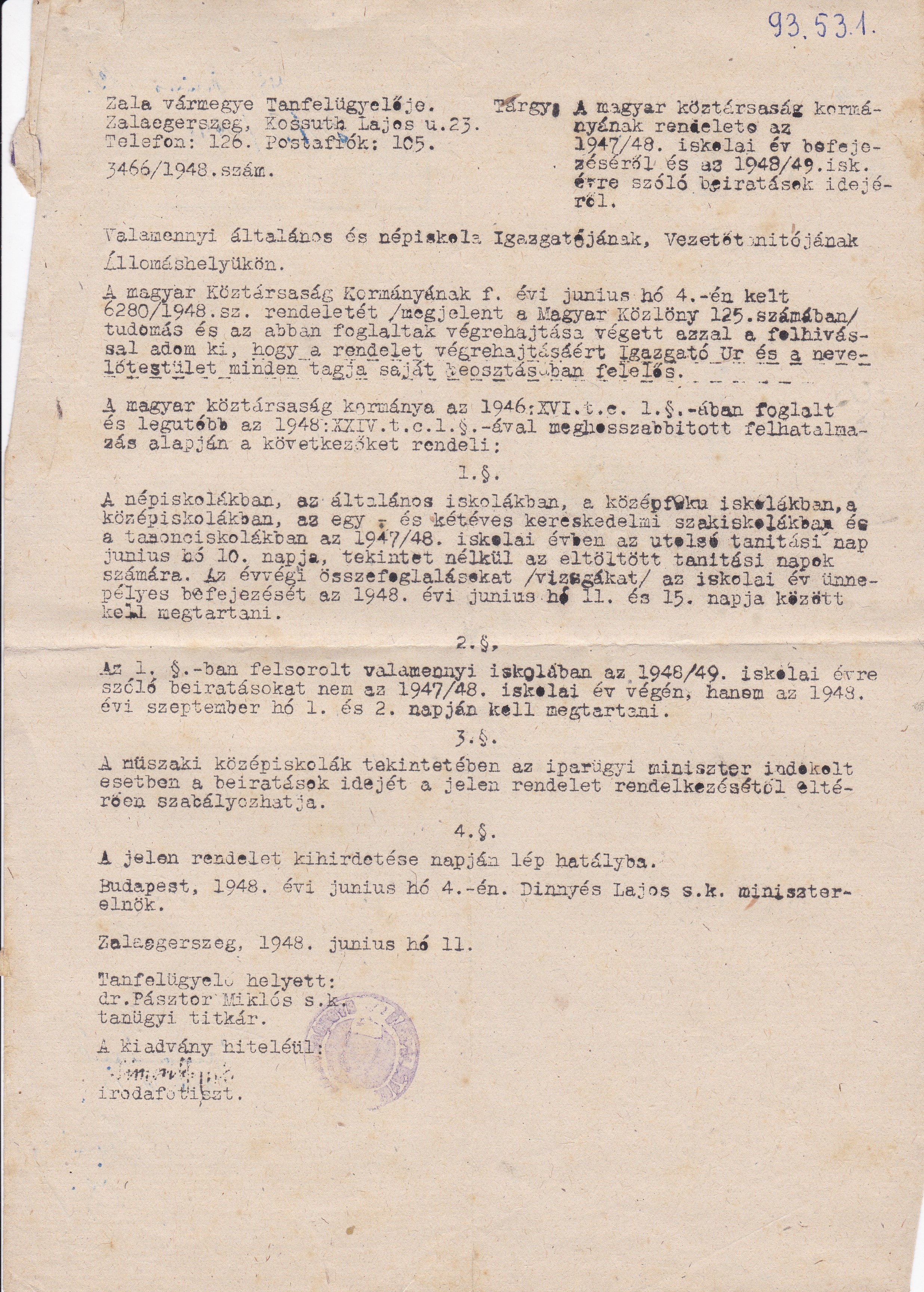 Rendelet az 1947/1948-as tanév befejezéséről és a következő évi beíratásokról (Tapolcai Városi Múzeum CC BY-NC-SA)