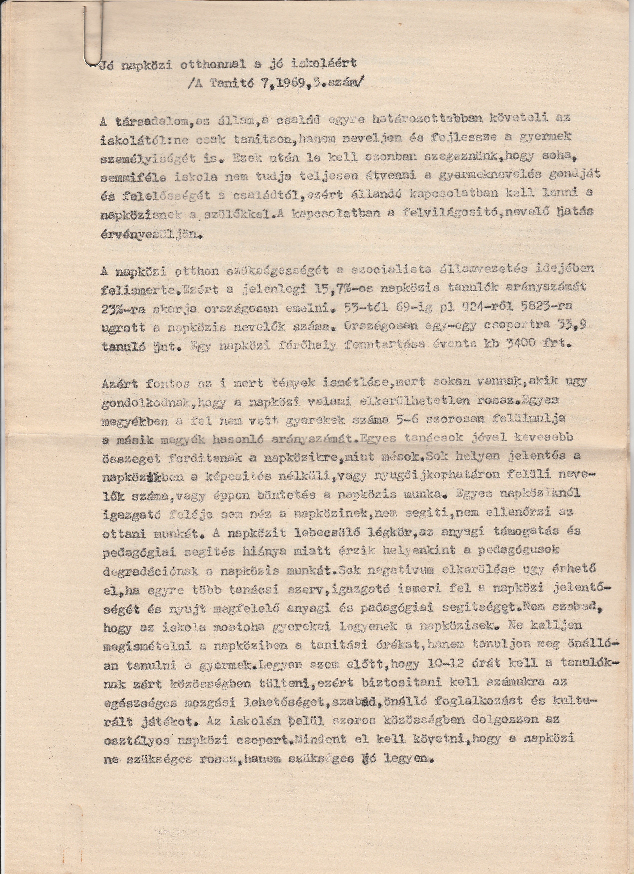A Tanító 1969-es napközis témájú cikkeinek ismertetése (Tapolcai Városi Múzeum CC BY-NC-SA)