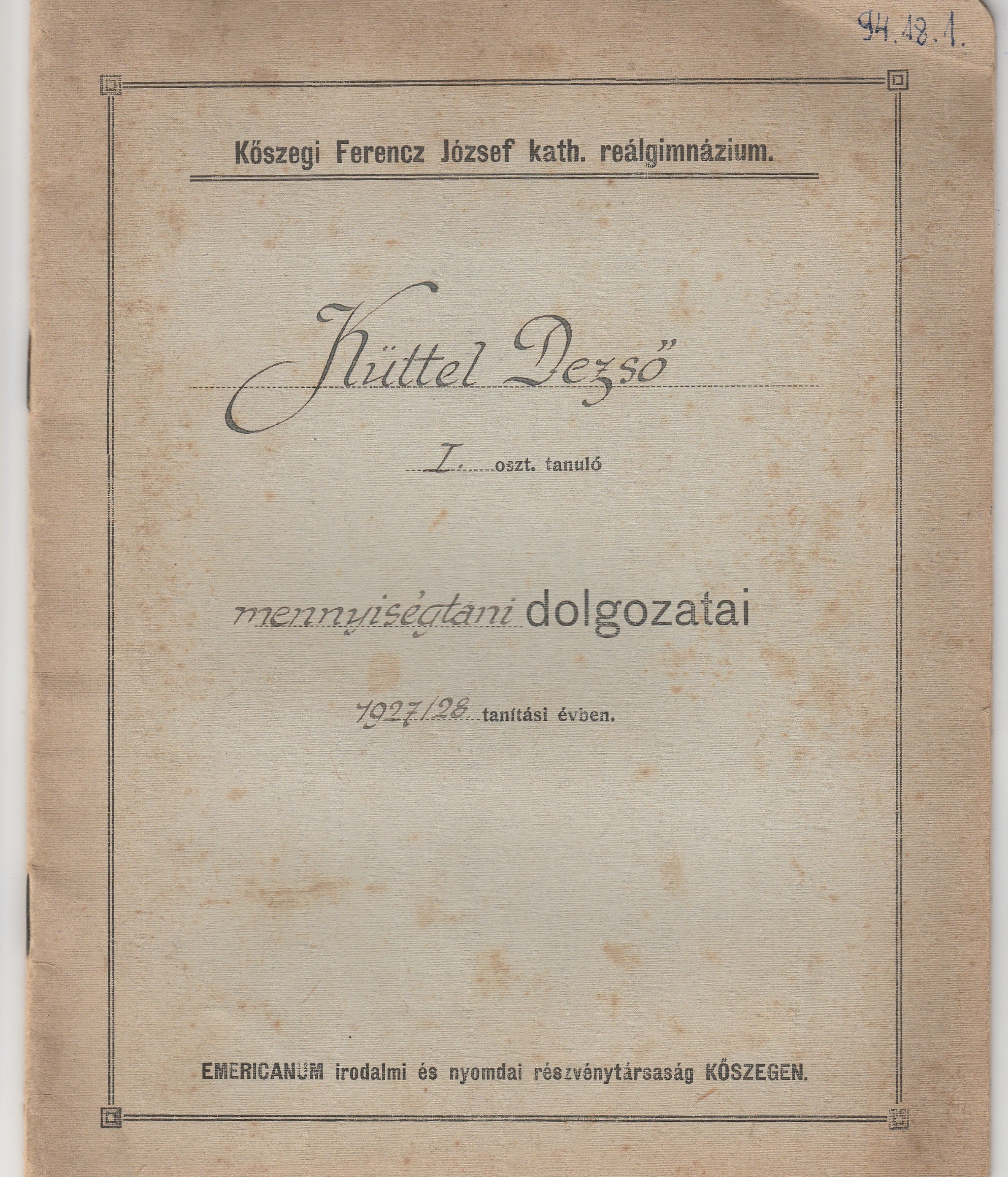 Mennyiségtan dolgozatfüzet 1927-28-ból (Tapolcai Városi Múzeum CC BY-NC-SA)