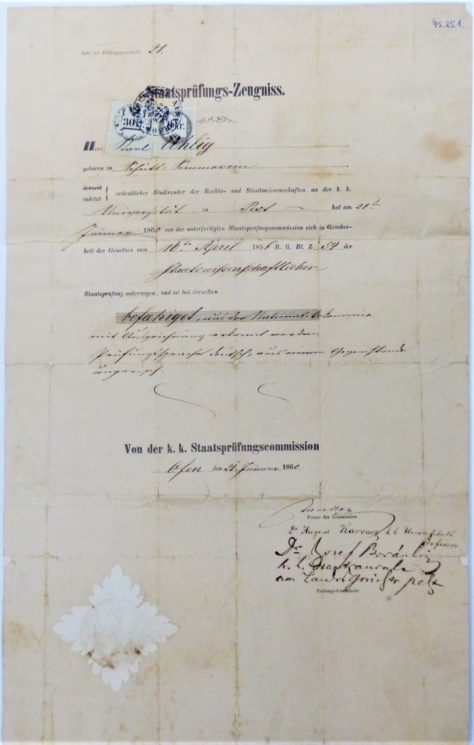 Államvizsga bizonyítvány a pesti egyetemről 1860 (Tapolcai Városi Múzeum CC BY-NC-SA)