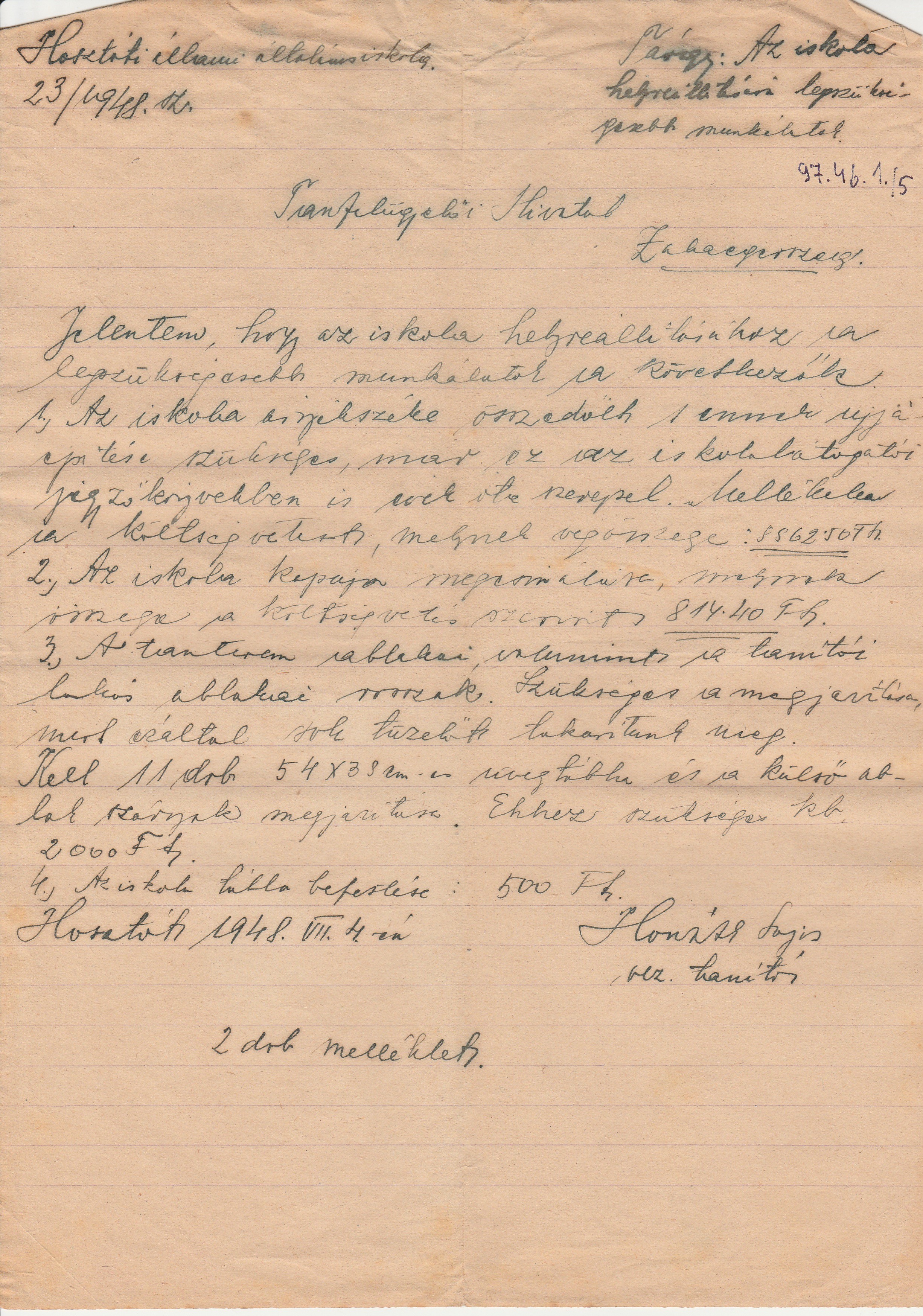 A levél hosztóti iskola helyreállításáról (Tapolcai Városi Múzeum CC BY-NC-SA)
