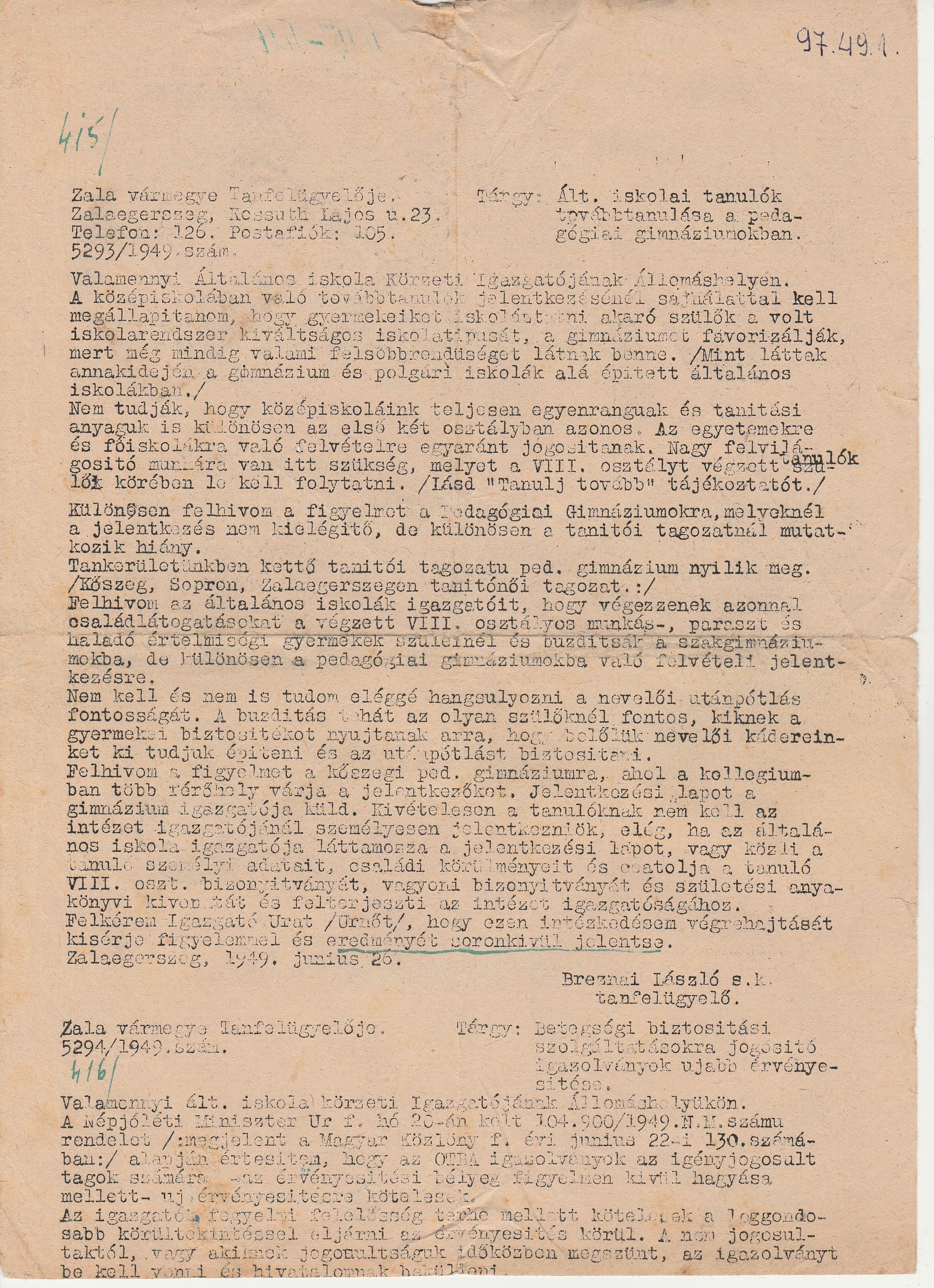 Tanfelügyelői levél a továbbtanulásról és a betegbiztosítási igazolványokról 1949 (Tapolcai Városi Múzeum CC BY-NC-SA)
