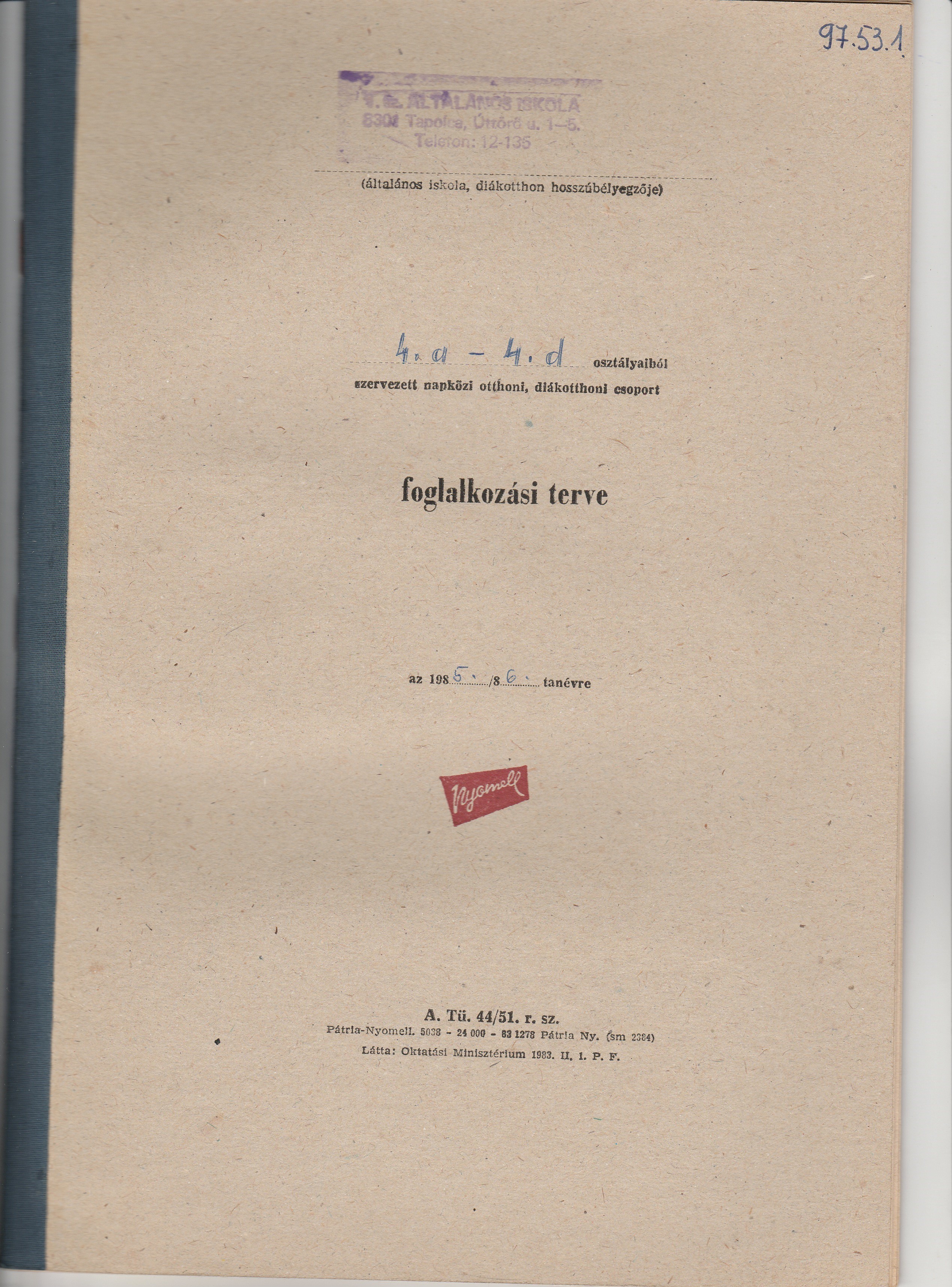 Napközis foglalkozási terv 4. osztályosok számára (Tapolcai Városi Múzeum CC BY-NC-SA)